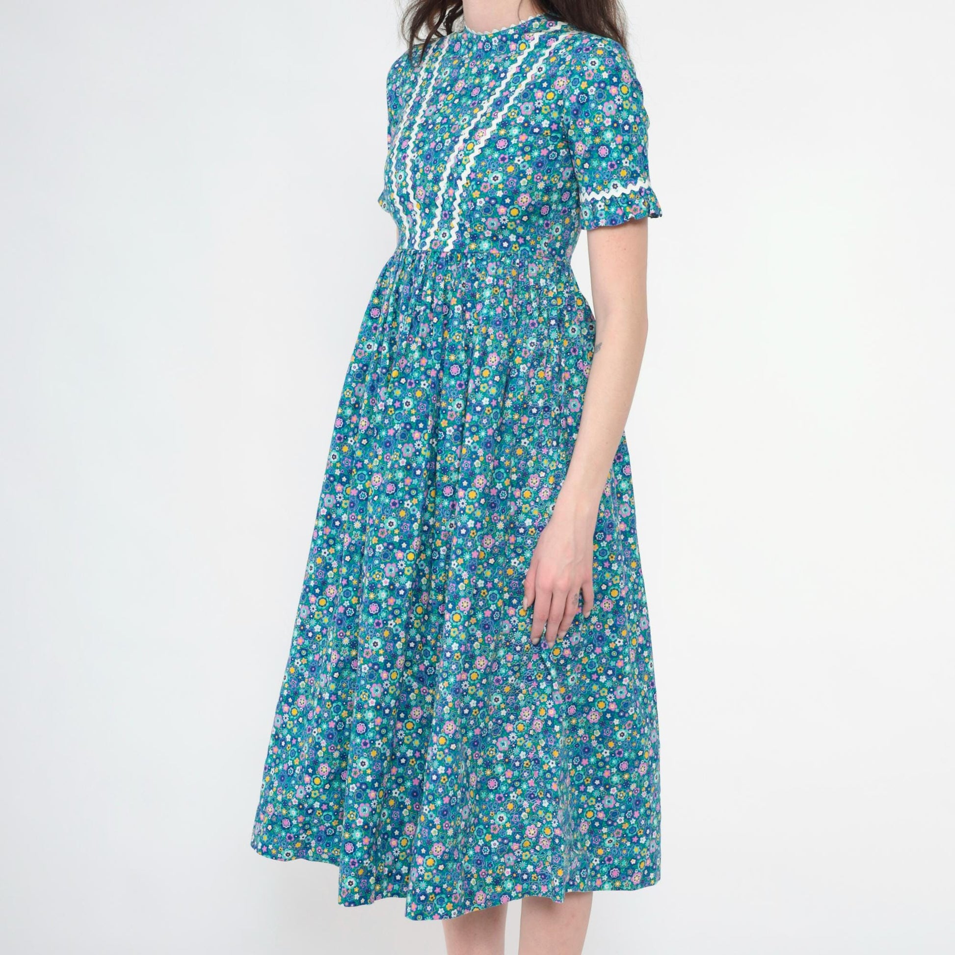 1960s Blue Floral Midi Dress Empire Waist Ruffled Short Sleeve XXS