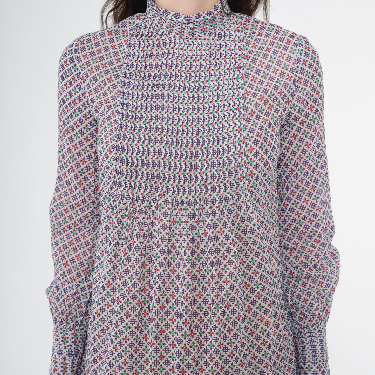 70s Purple Floral Abstract Shift Dress Pintuck Pleated Bib Long Sleeve Mini Extra Small