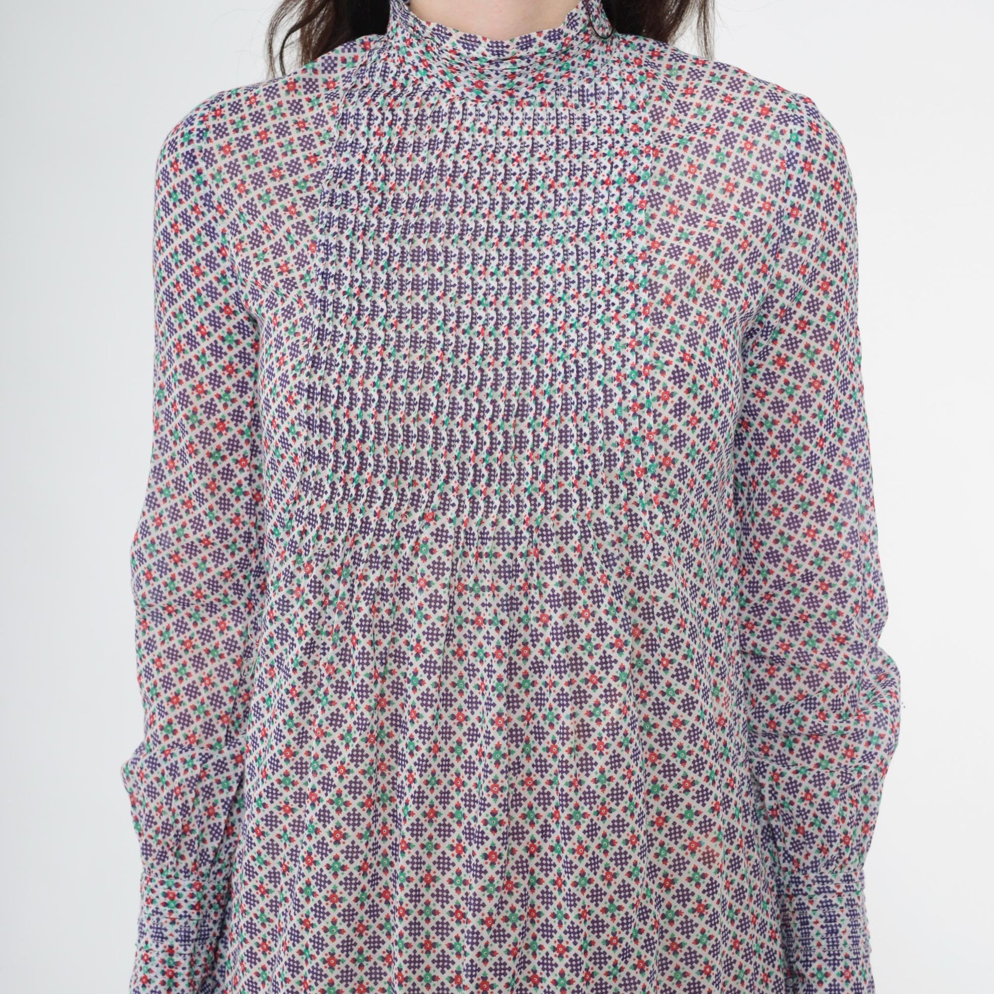 70s Purple Floral Abstract Shift Dress Pintuck Pleated Bib Long Sleeve Mini Extra Small
