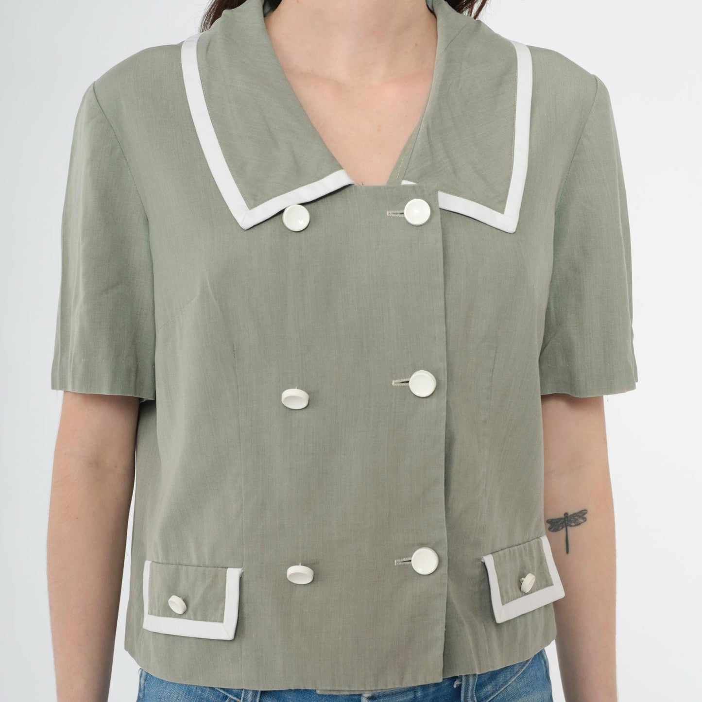 80s Grey Double Breasted Blouse Short Sleeve Button Up Medium M