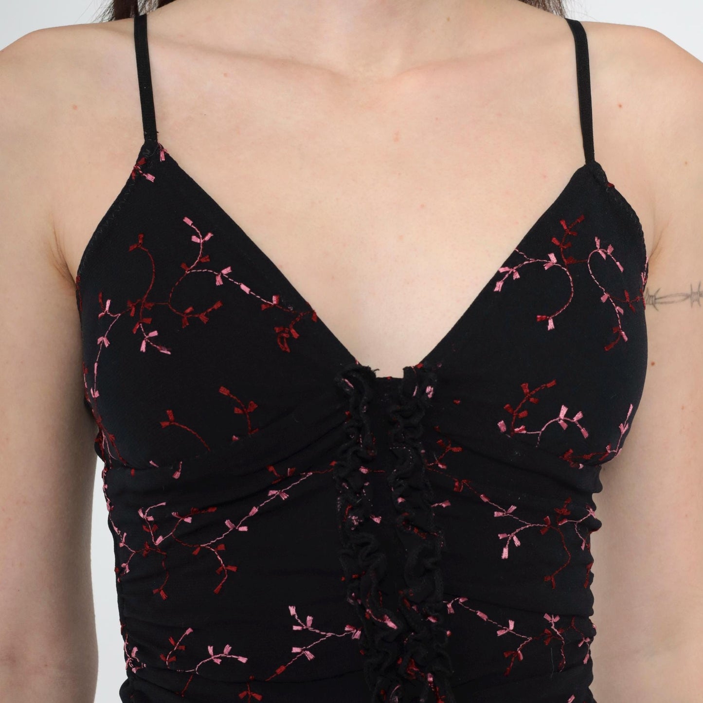 Y2K Fredericks of Hollywood Floral Bodycon Mini Dress Black Spaghetti Strap Extra Small