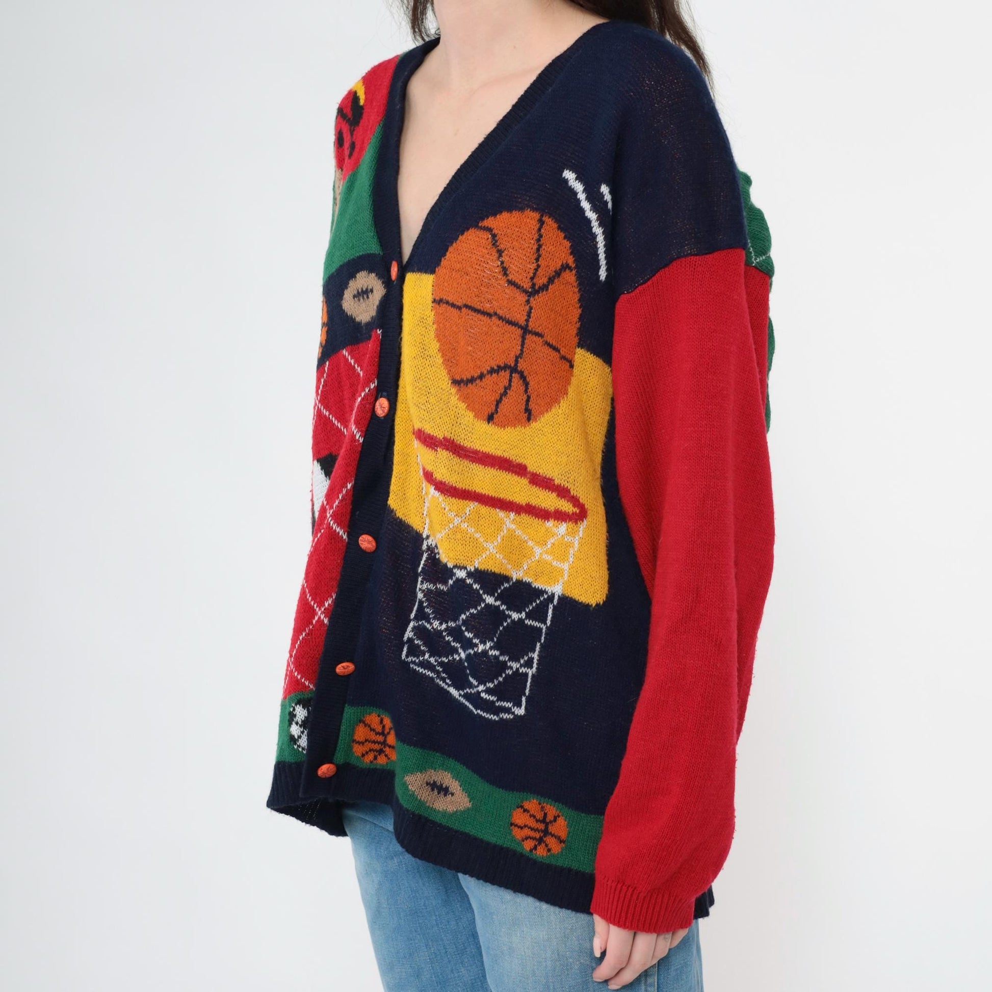 90s Cabin Creek Sports Cardigan Novelty Knit Basketball Football Soccer Plus Size XL