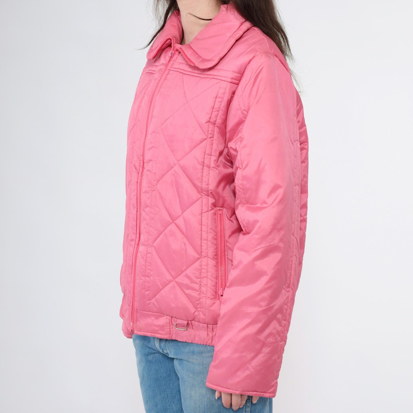 80s Pink Quilted Puffer Ski Jacket Zip-Up Winter Coat Medium