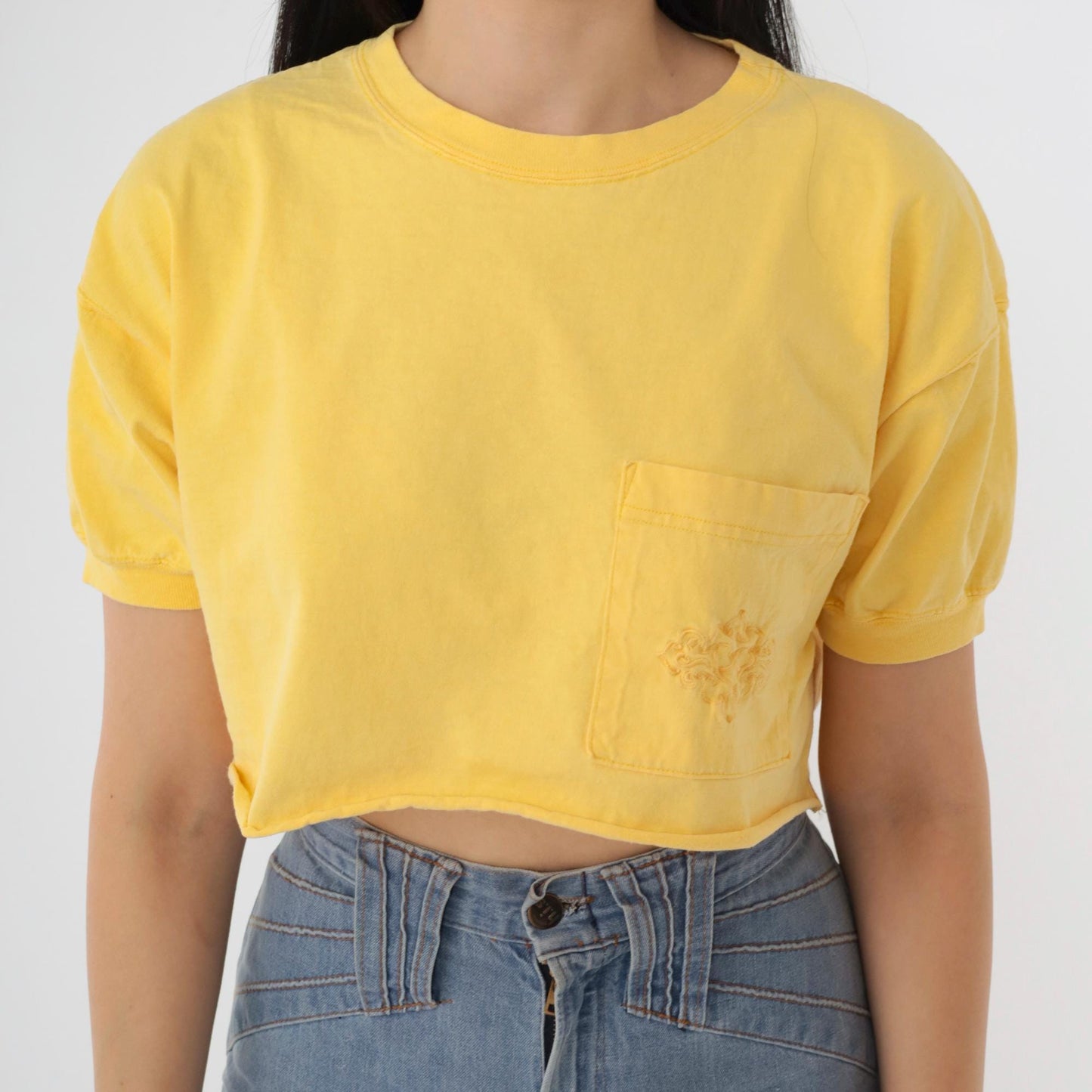 90s Yellow Crop Top Embroidered Pocket T-Shirt Small Medium