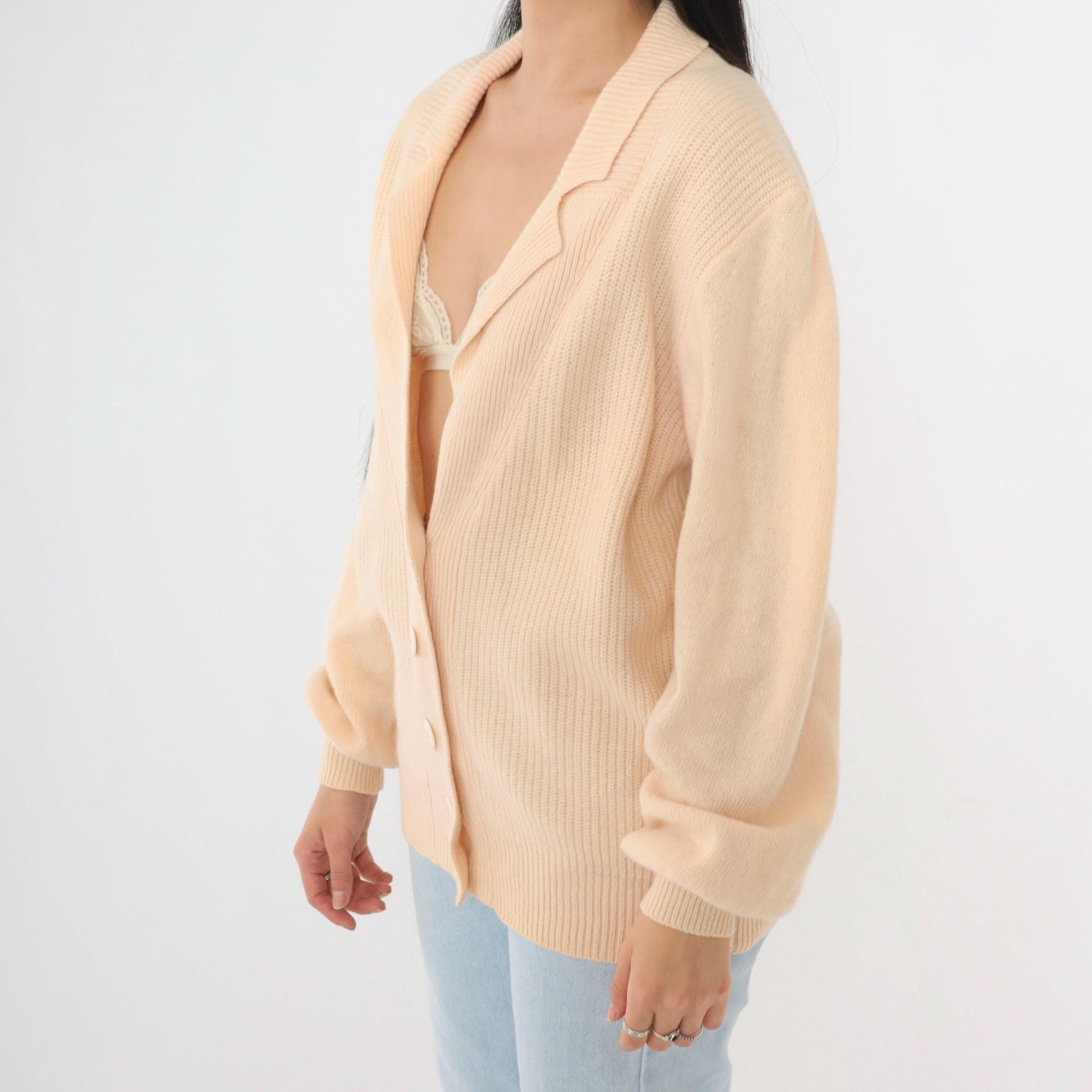 80s Peach Wool Angora Cardigan Deep V Neck Ribbed Button Up Medium