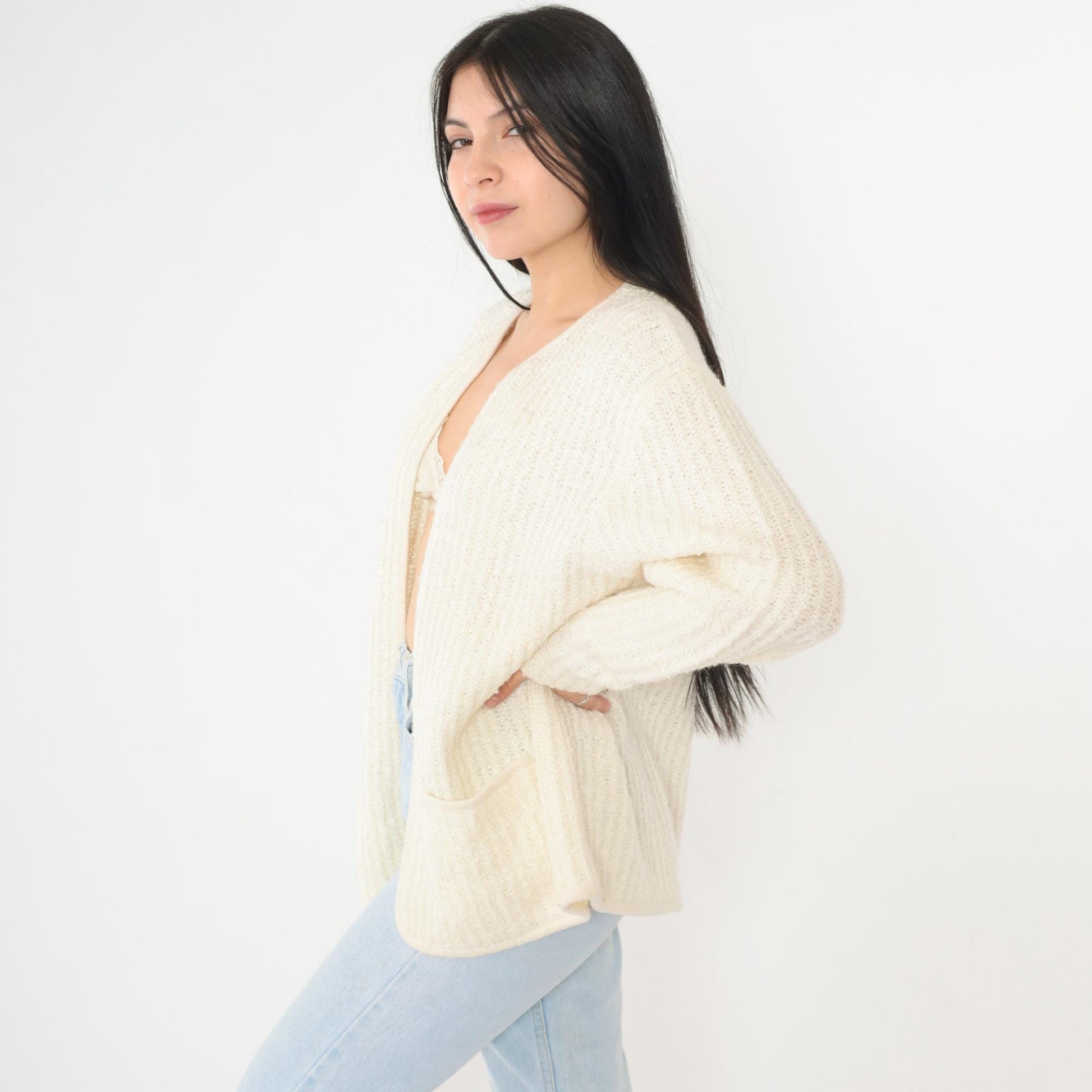 80s Sideffects Ivory Cardigan Ribbed Knit Open Front Pockets Large L