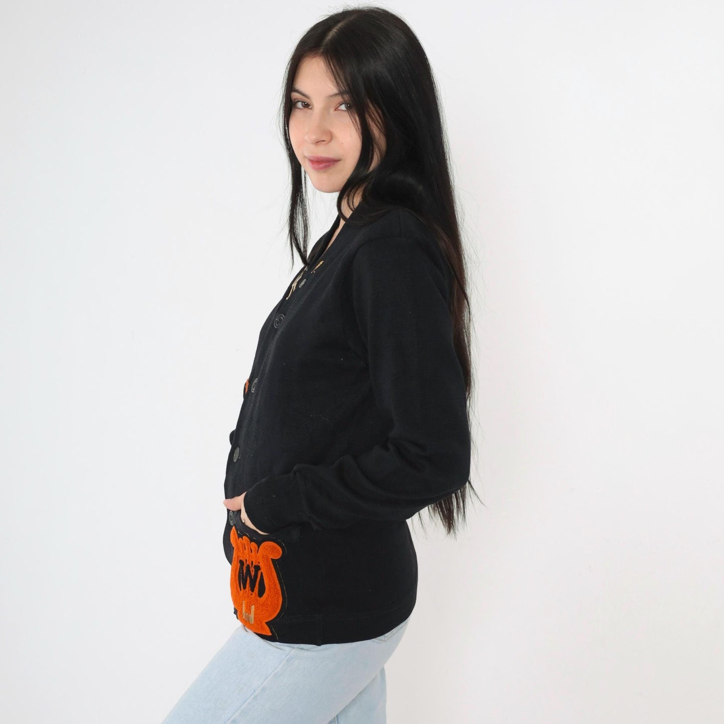 1950s Wilson Black Wool Varsity Cardigan Orange Chenille Patches Small