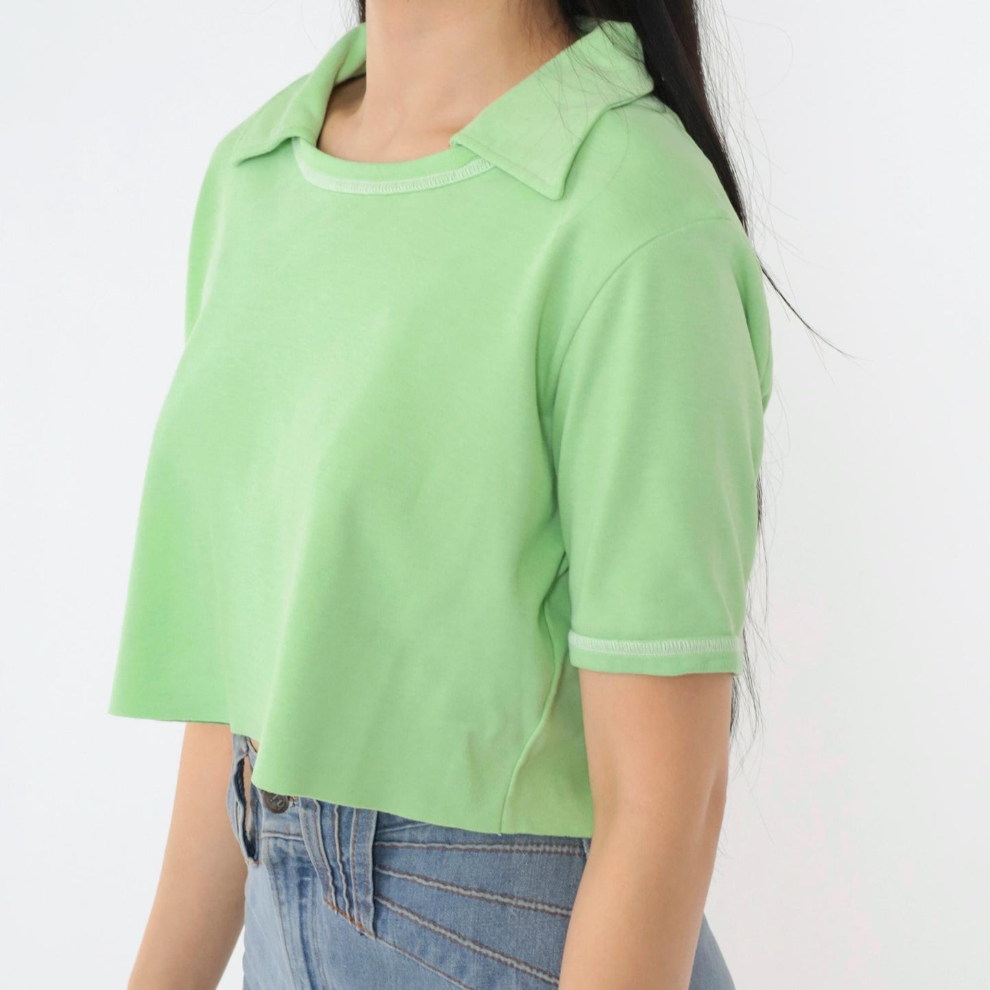 70s Mint Green Cropped Collared Blouse Short Sleeve Raw Hem Small Medium