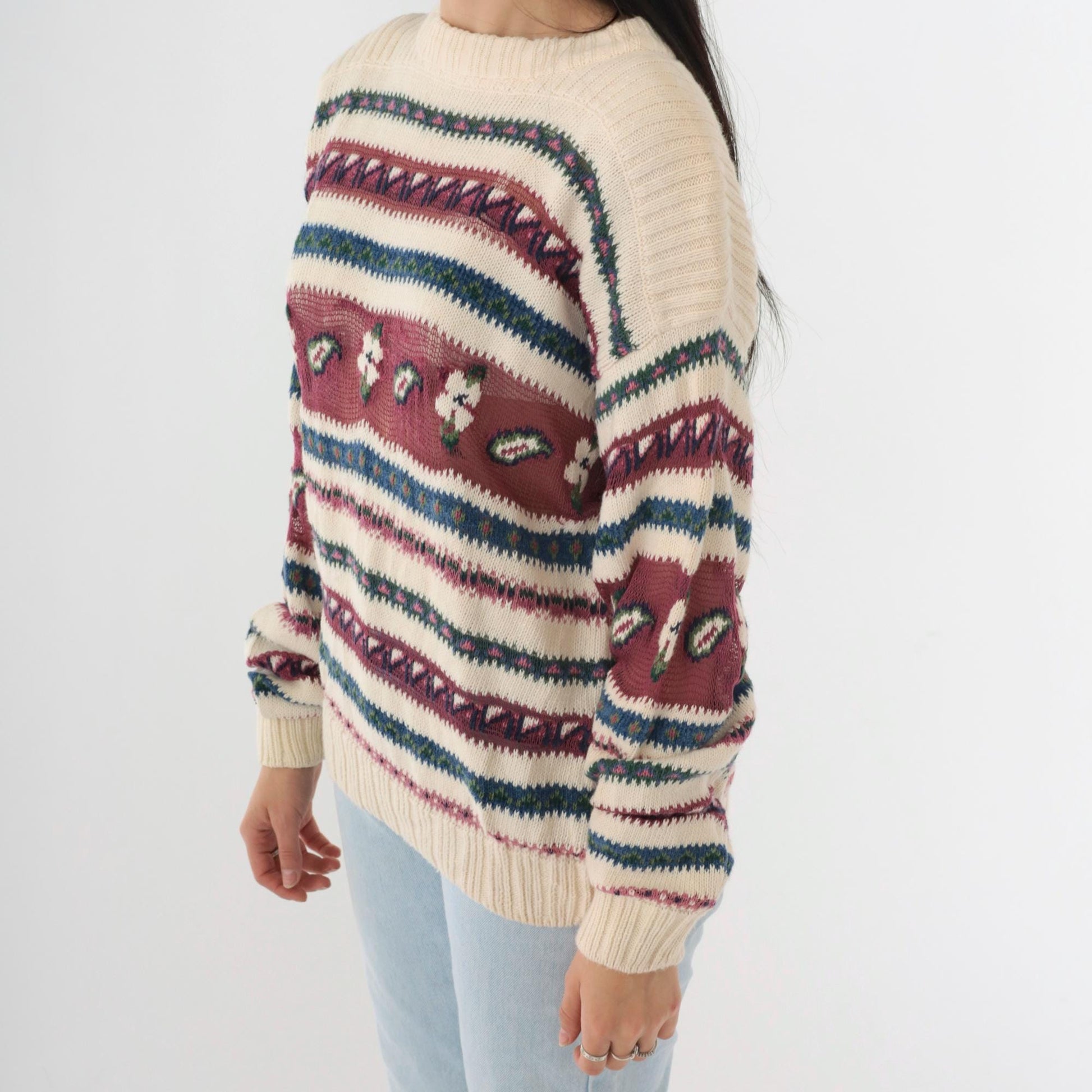 90s Woolrich Cream Knit Floral Sheer Stripe Pullover Crew Neck Medium M