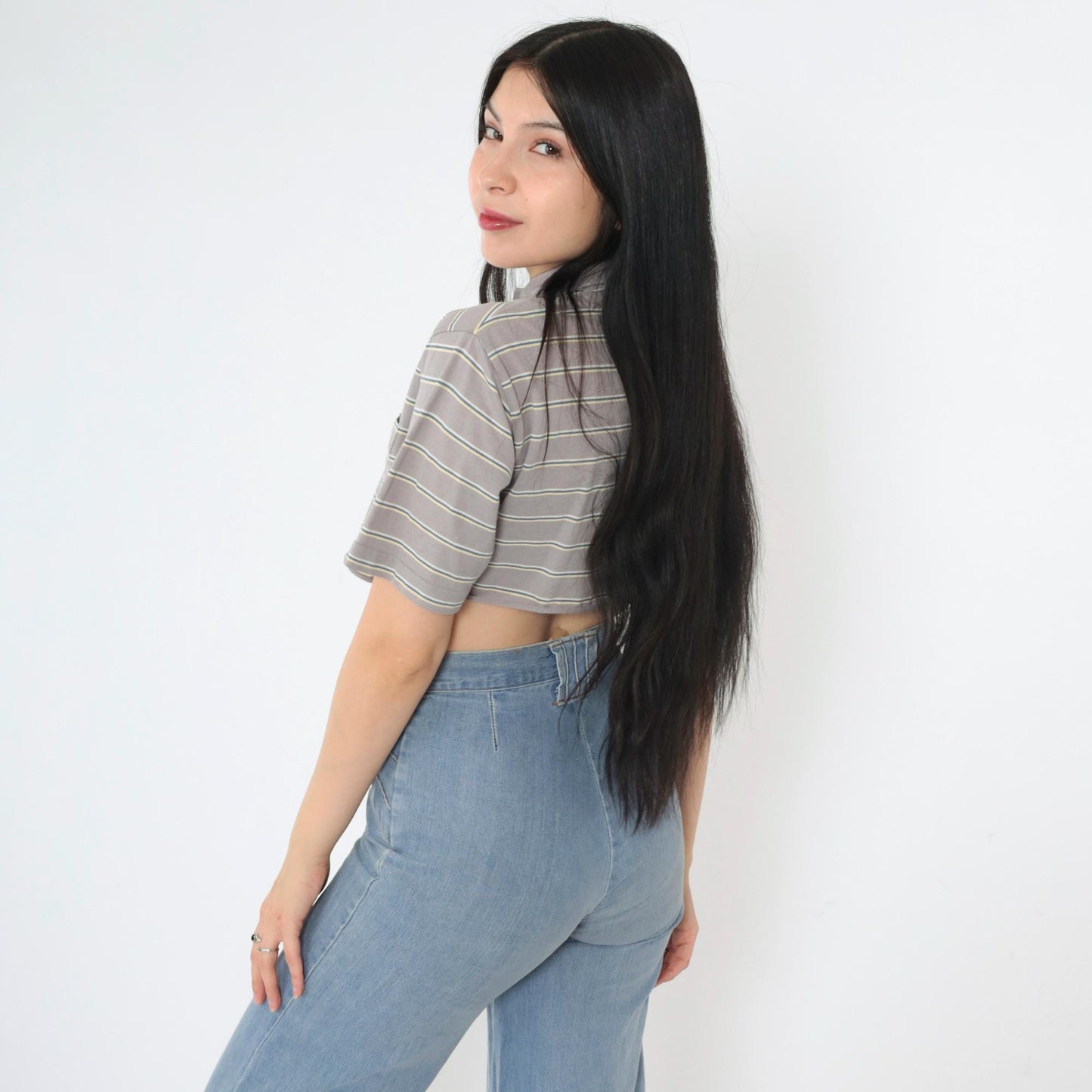 90s Christian Dior Polo Shirt Grey Striped Crop Top Small S