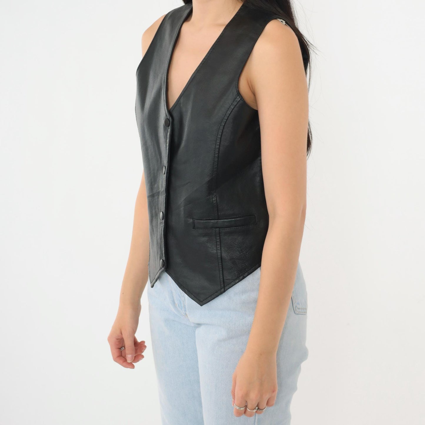 90s Black Leather Vest Snap Button Sleeveless Top Extra Small