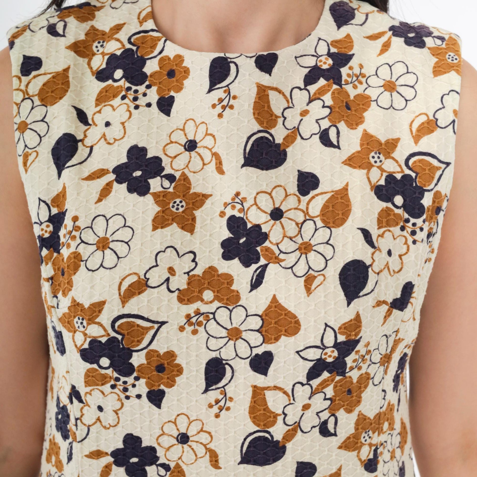 60s Mod Floral Mini Shift Dress Cream Blue Brown Honeycomb Small S