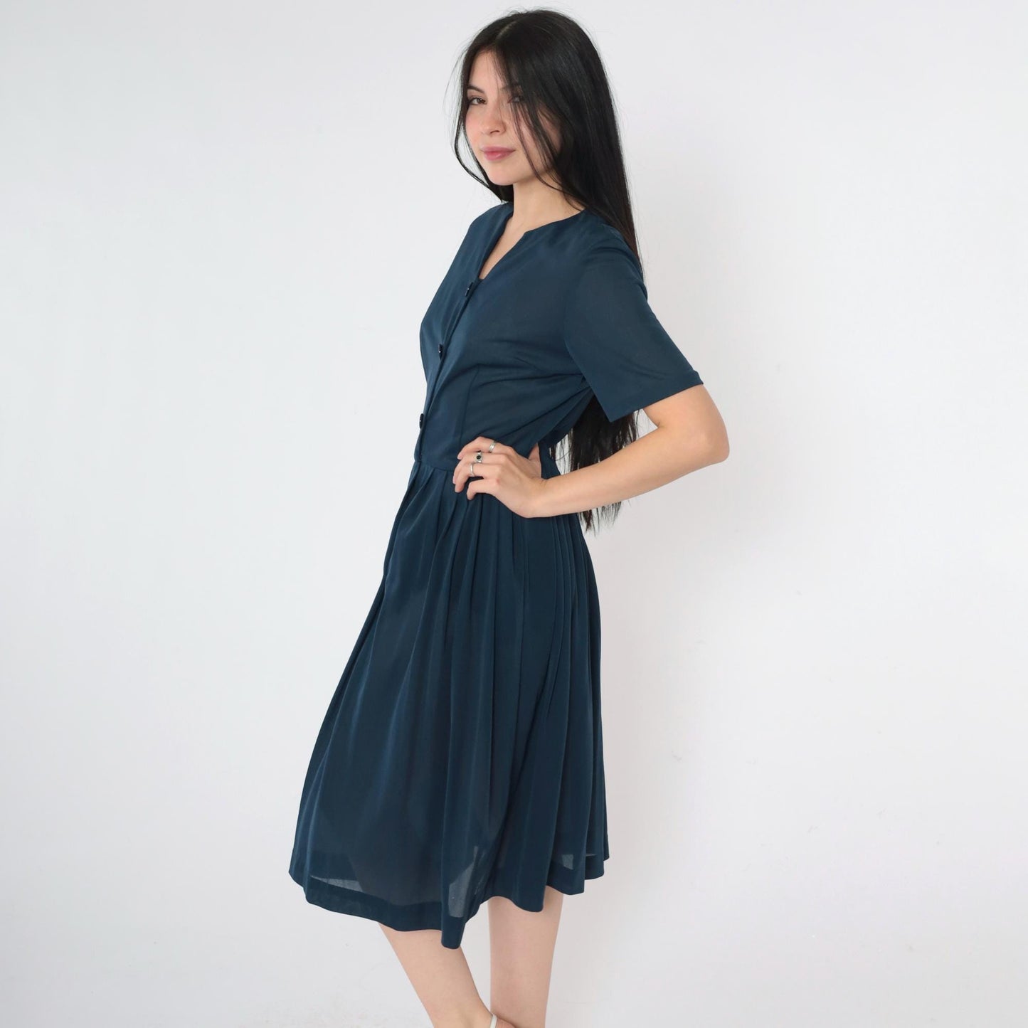60s Navy Shirtdress Pleated Midi Button-Up High Waist Small