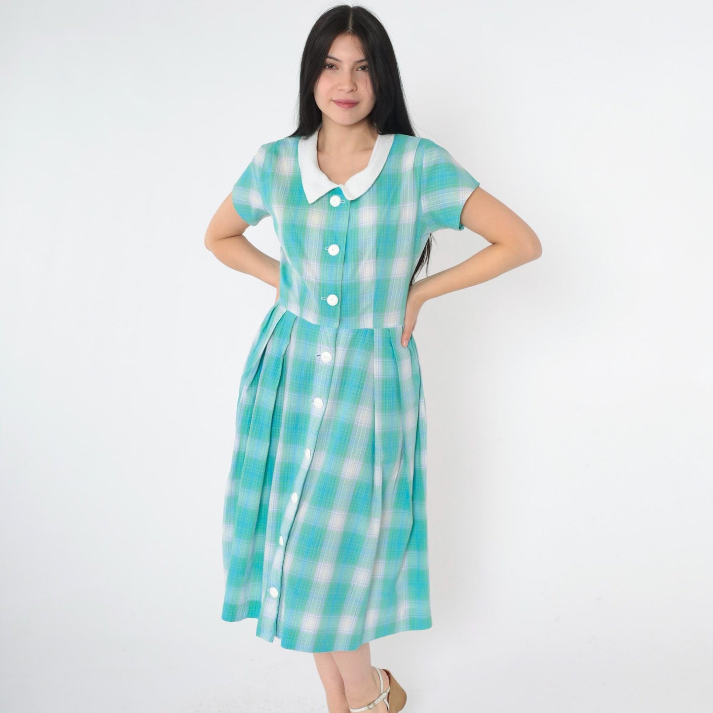 60s Plaid Button-Up Shirtdress High Waist Midi Blue Green Small S
