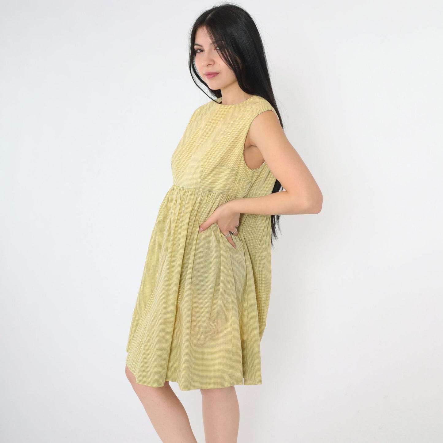 1960s Yellow Gingham Empire Waist Mini Dress Sleeveless Small Medium
