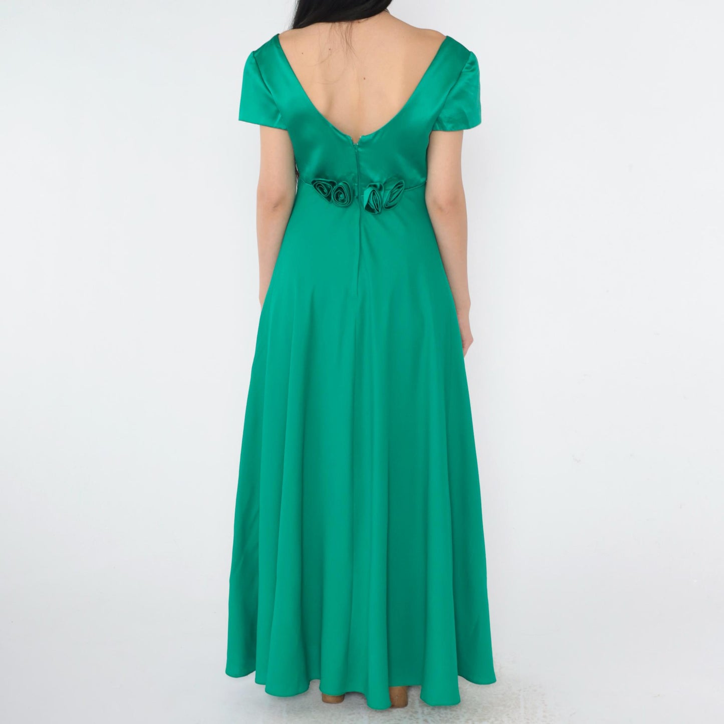 90s Kelly Green Satin Maxi Dress Empire Waist Rosette Low Back Small