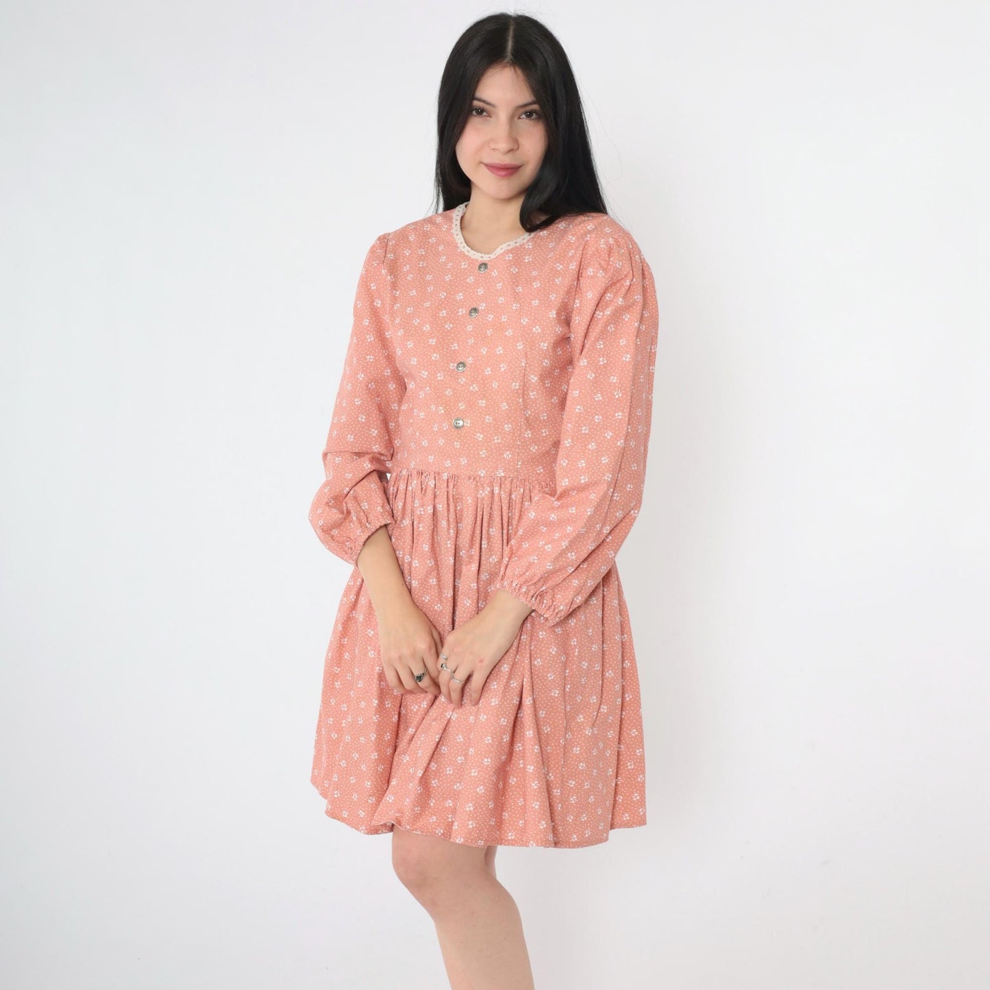 70s Peach Calico Floral Mini Dress Puff Sleeve High Waist Small