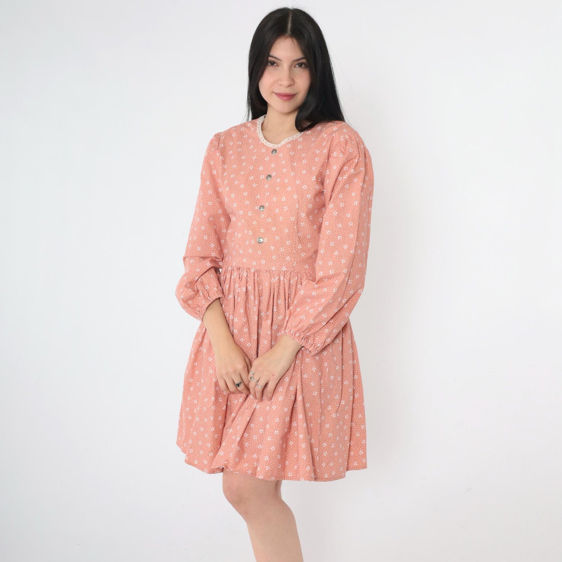 70s Peach Calico Floral Mini Dress Puff Sleeve High Waist Small