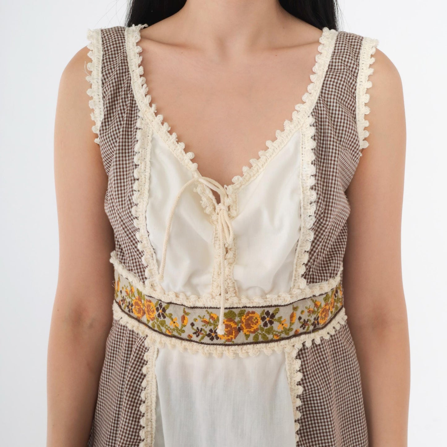 70s Brown Gingham Mini Dress White Panel Crochet Lace Empire Waist Small
