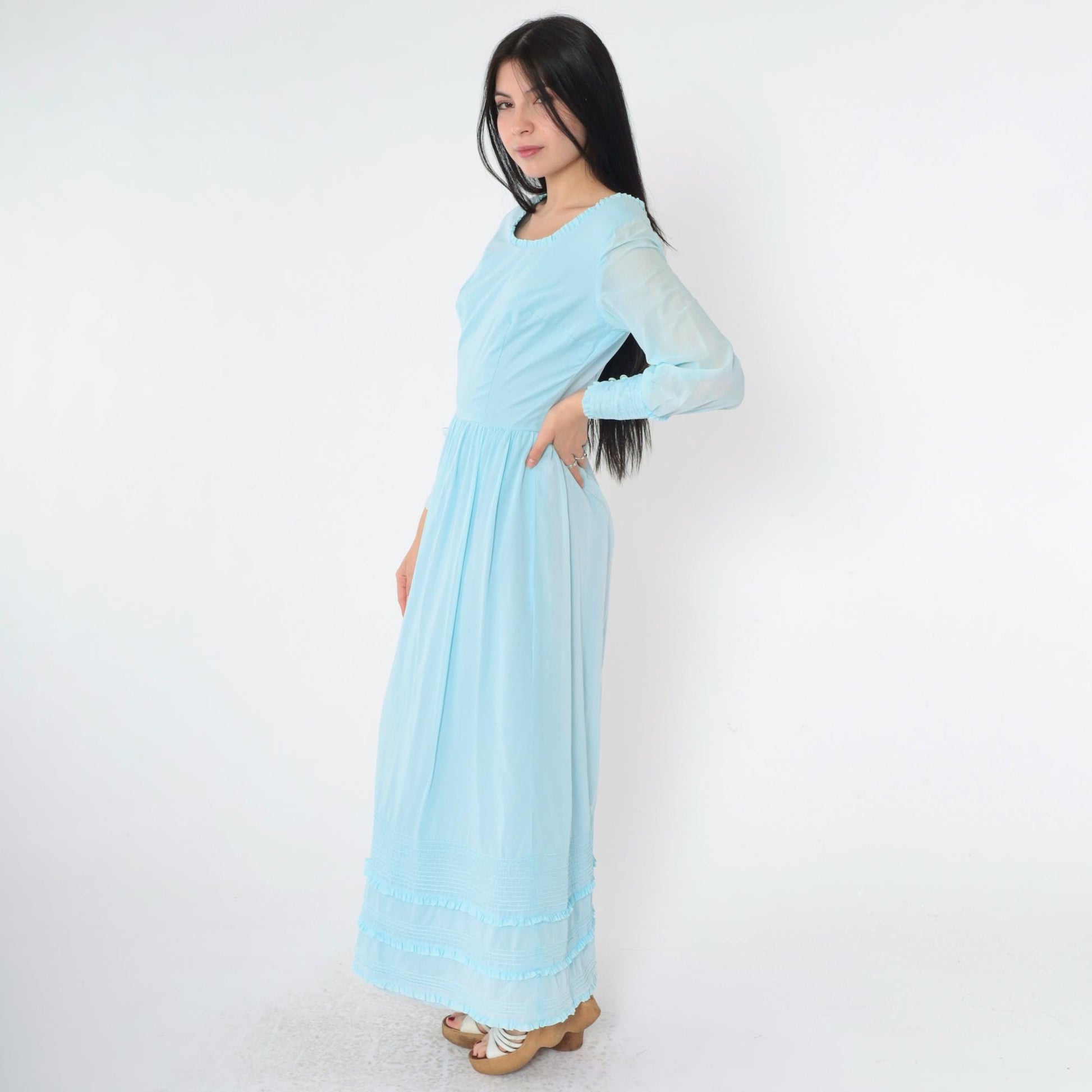 1970s Baby Blue Maxi Dress High Waist Scoop Neck Long Sleeve Ruffled Small