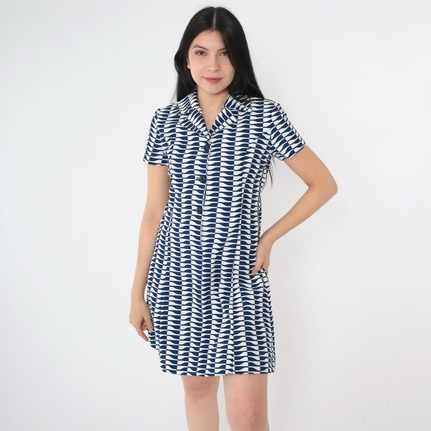 60s Mod Mini Dress Op Art Print A-Line Button Up Navy White Small