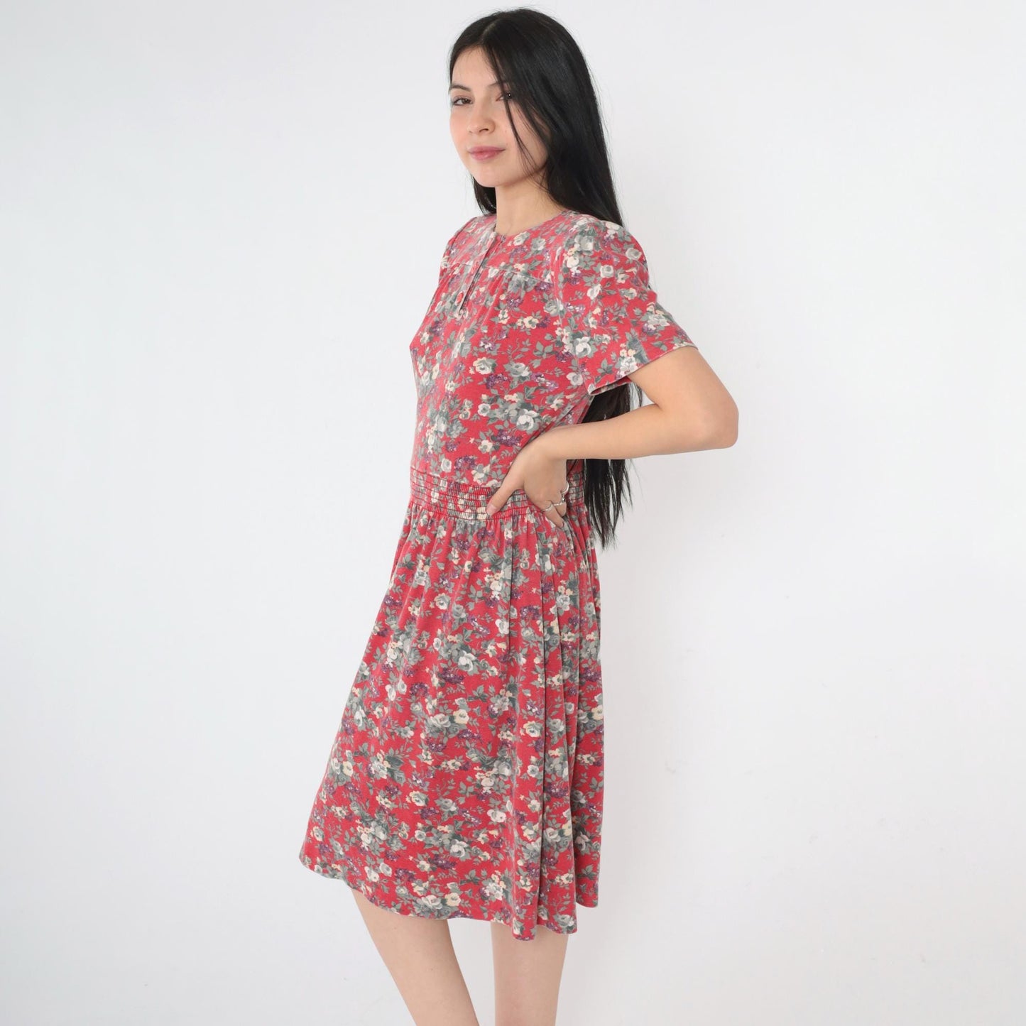 80s Red Floral Midi Dress Puff Sleeve Smocked Waist Extra Small