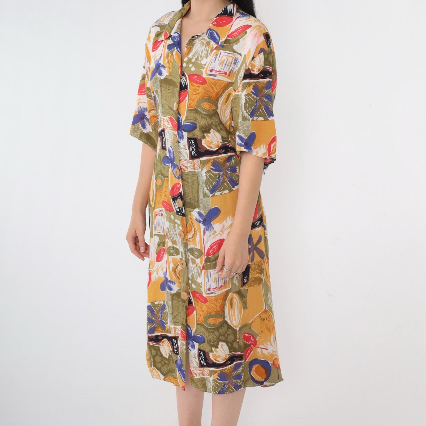 90s Abstract Floral Midi Shirt Dress Button Up Rayon Olive Green Yellow Large