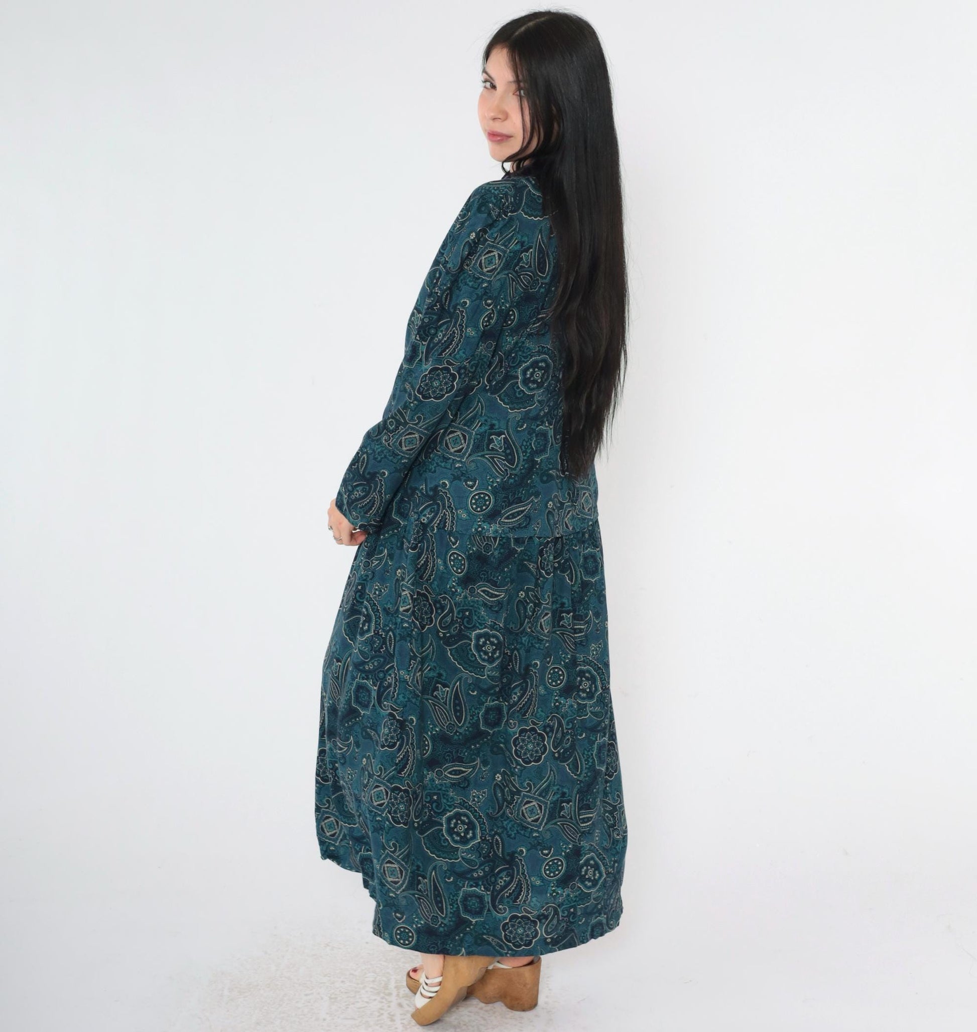 90s Blue Paisley Mandarin Collar Maxi Dress Puff Sleeve Frog Closure Medium Large