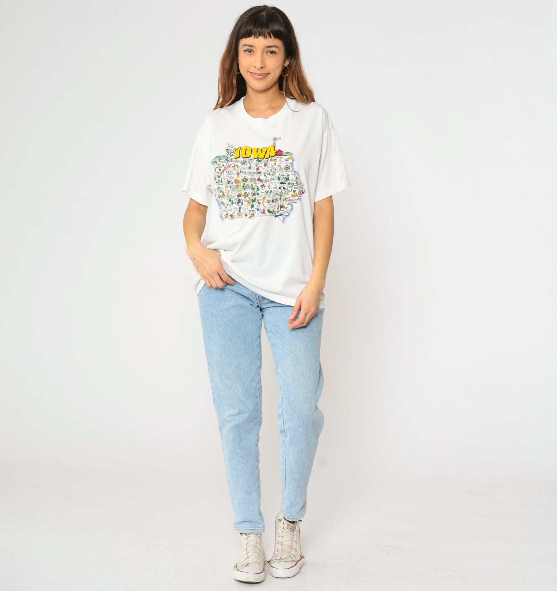 90s Iowa State Map Graphic T-Shirt White Crewneck Extra Large XL