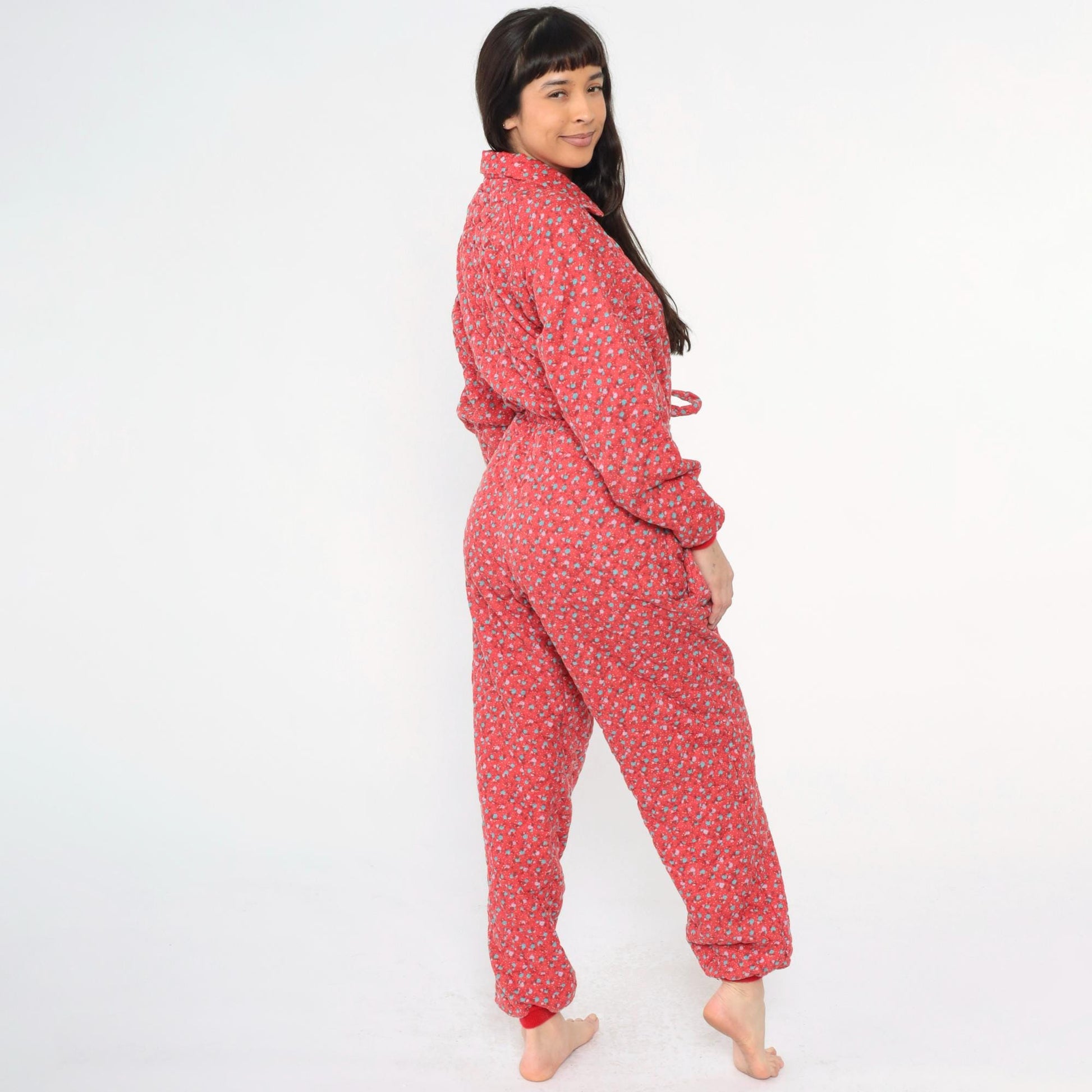 80s G. Caserotti Quilted Floral Jumpsuit Red Calico Raglan Pajama Medium Large
