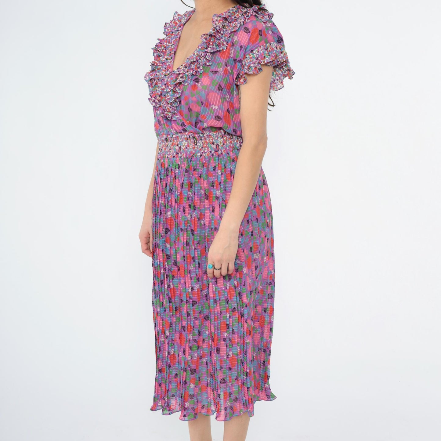 80s Diane Freis Floral Midi Dress Deep V Ruffle Cap Sleeve Purple Pink Small Medium