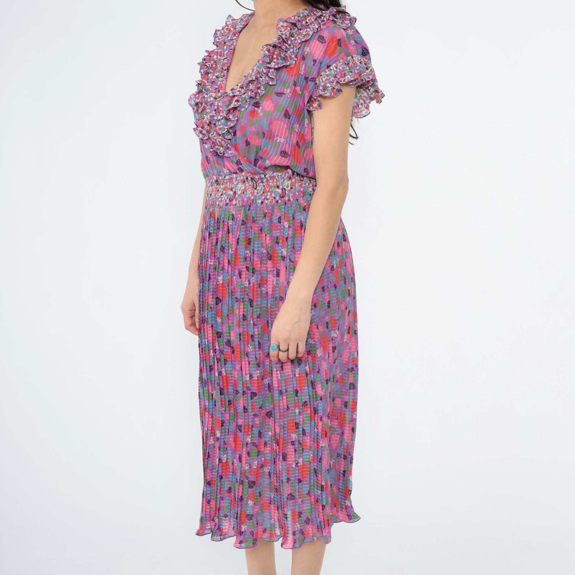80s Diane Freis Floral Midi Dress Deep V Ruffle Cap Sleeve Purple Pink Small Medium