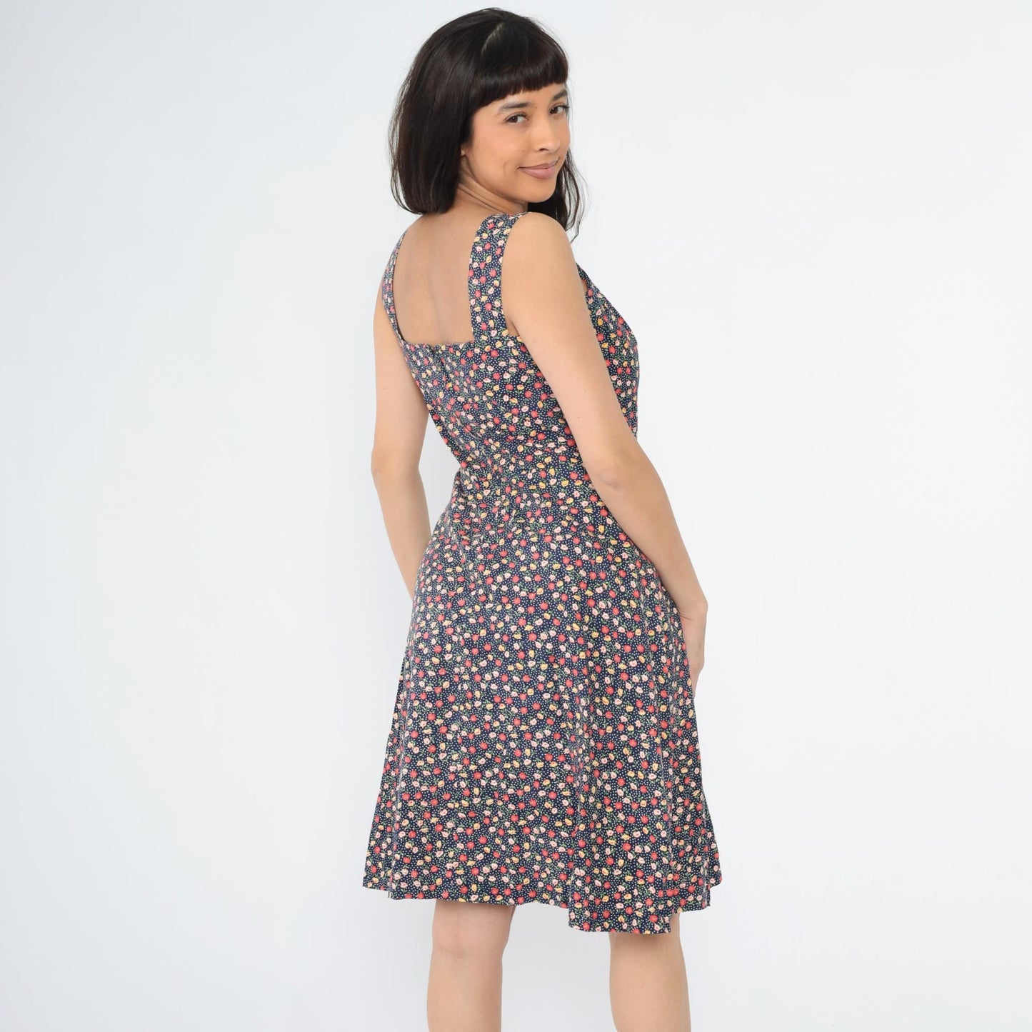70s Navy Floral A-Line Dress Eyelet Lace Inset Sleeveless Knee Small