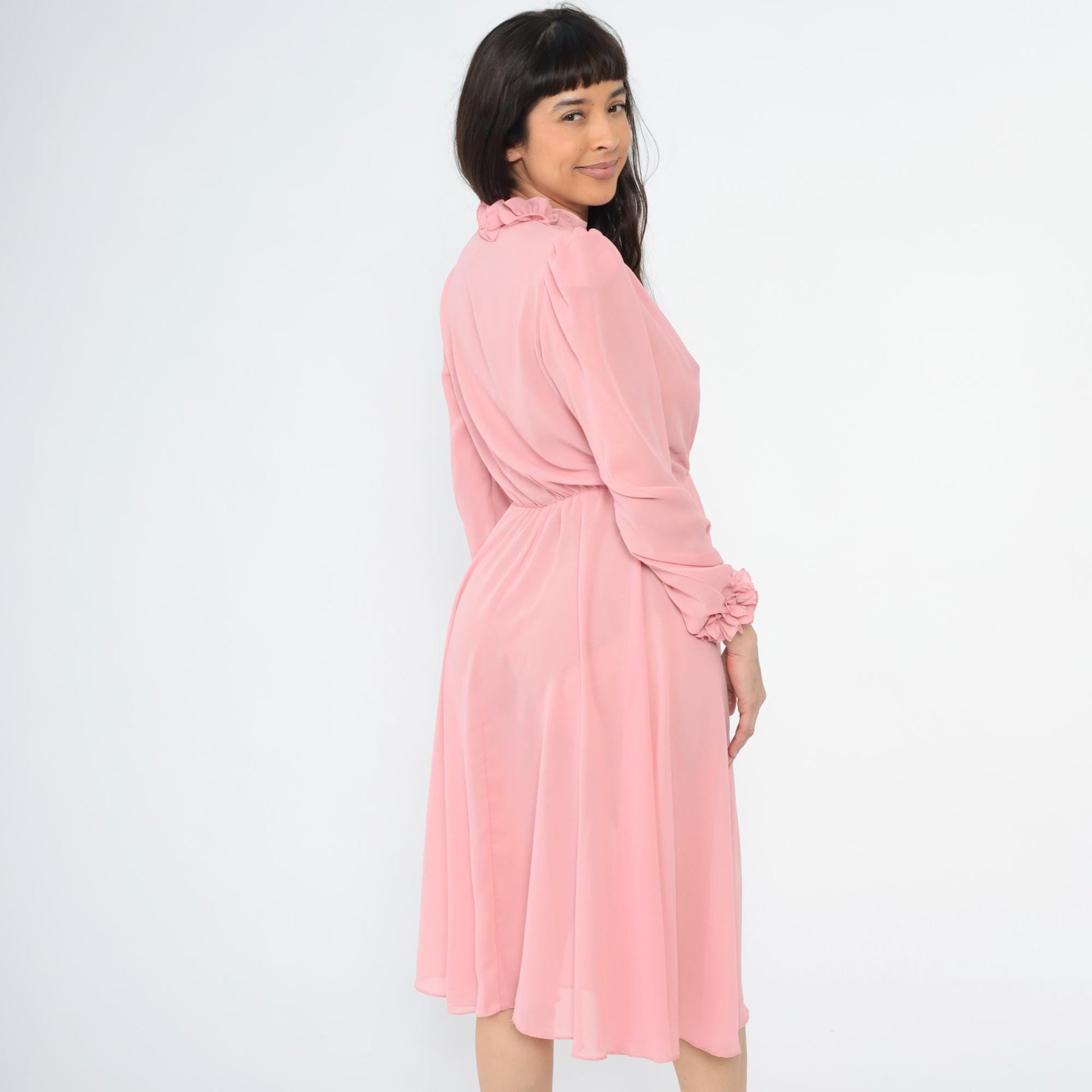 70s Ursula of Switzerland Pink Ruffle Midi Dress V-Neck Long Sleeve Medium M