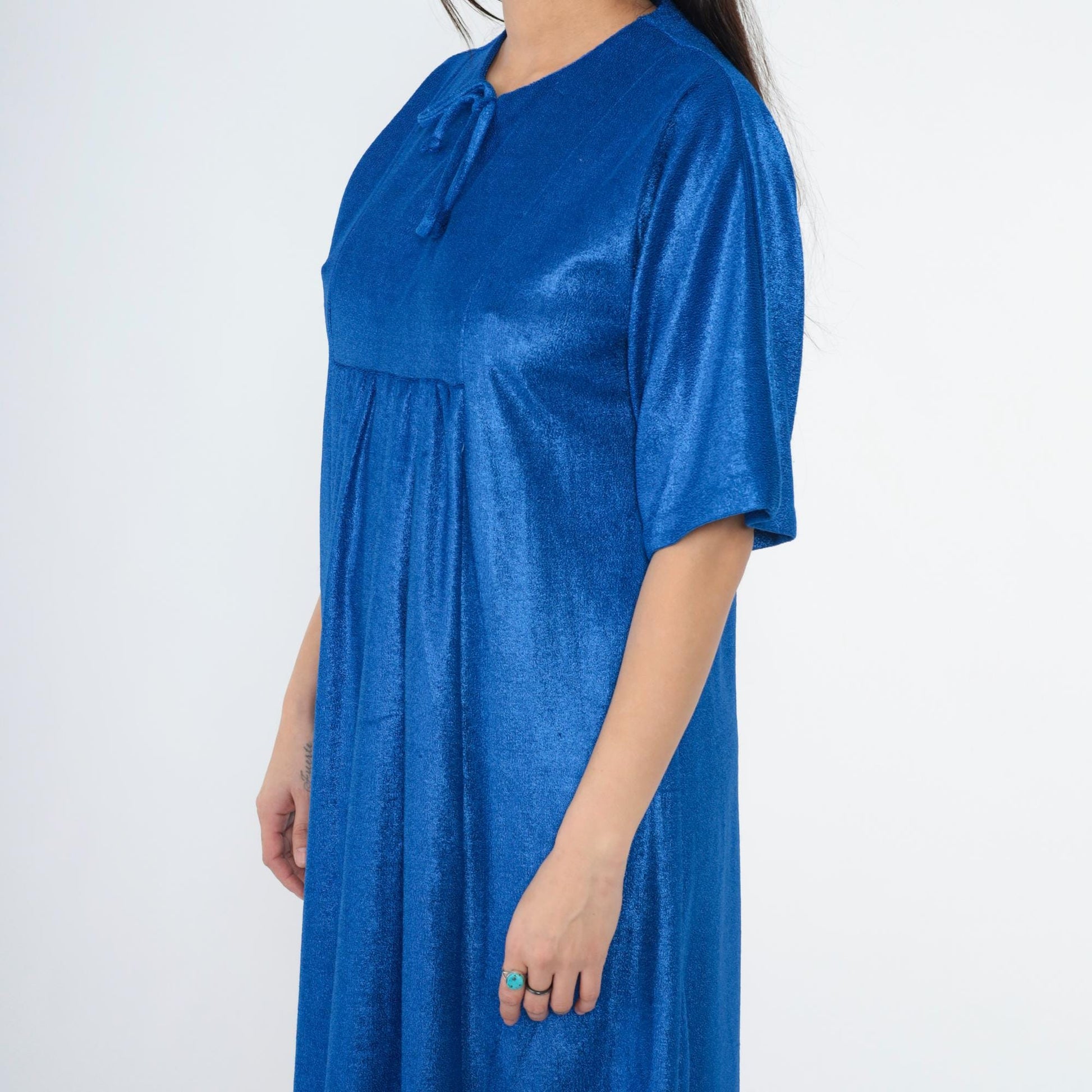 70s Paulette New York Terry Cloth Caftan Maxi Dress Royal Blue Keyhole Medium