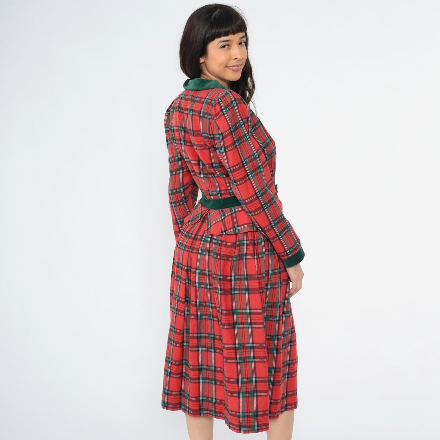 80s Lanz Originals Red Tartan Velvet Trim Peplum Midi Dress Medium 8