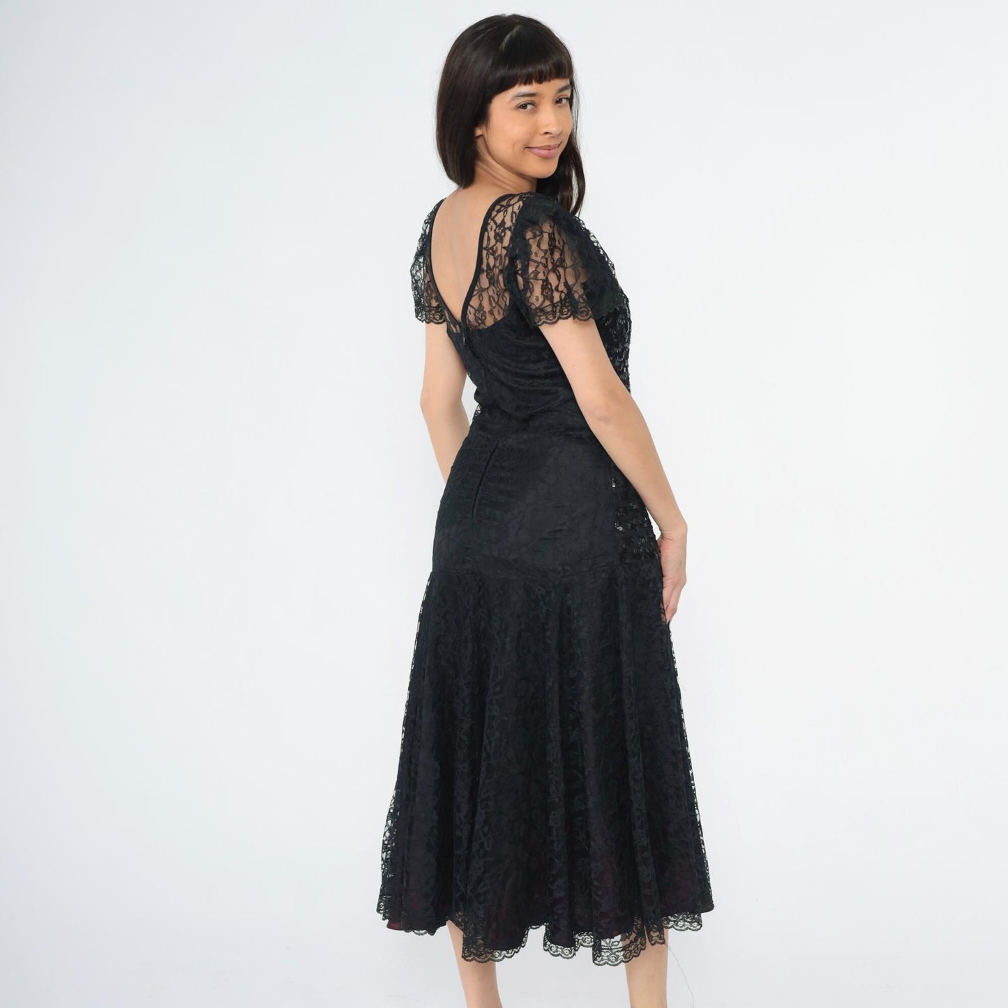 80s Night Moves Black Sequin Lace Midi Dress Puff Sleeve Mermaid Hem Small