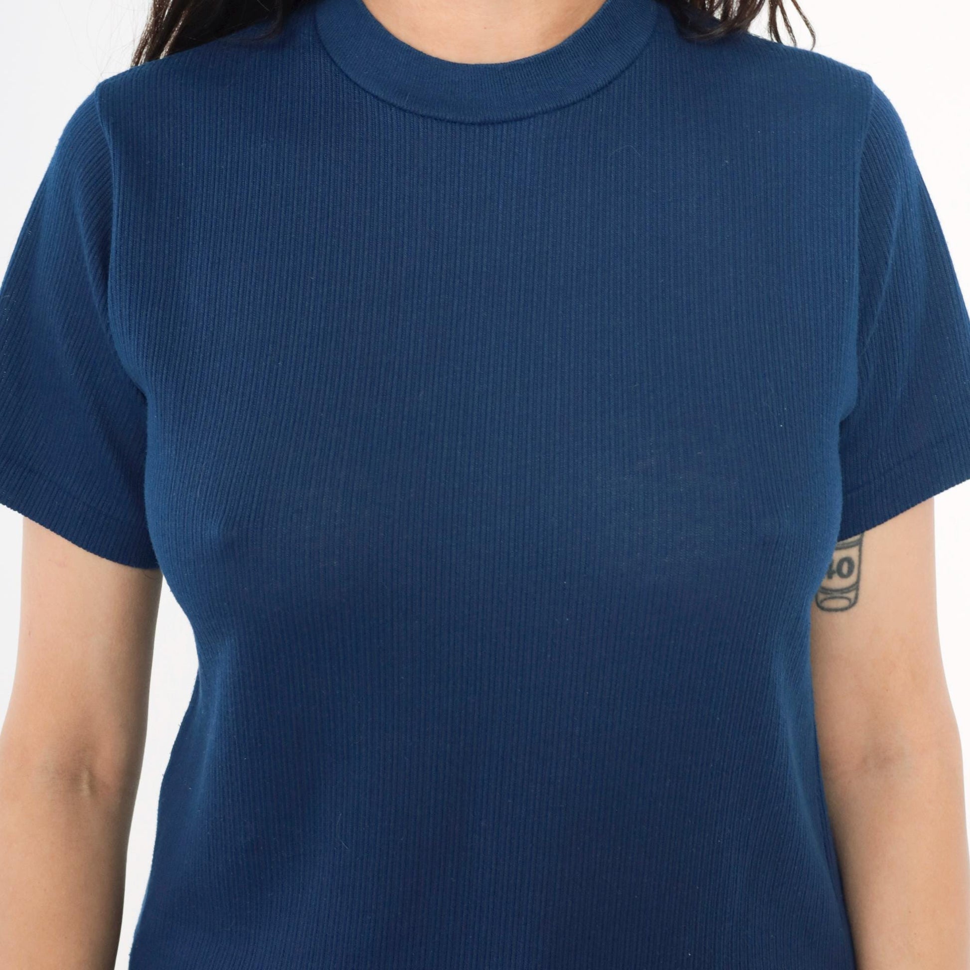 70s Navy Ribbed Knit Crewneck Short Sleeve Top Small