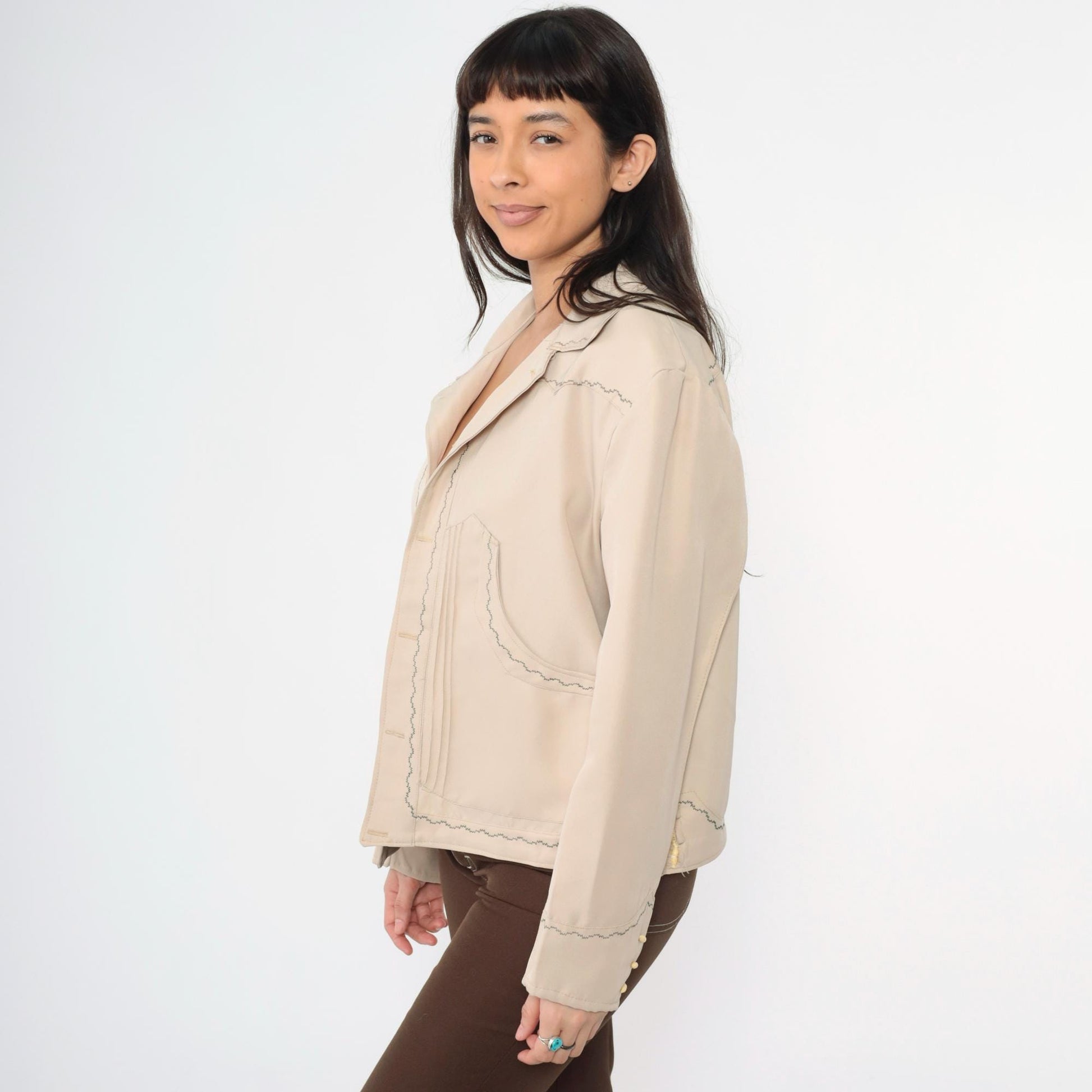 70s Western Jacket Beige Embroidered Horse Toggle Button Menswear Large