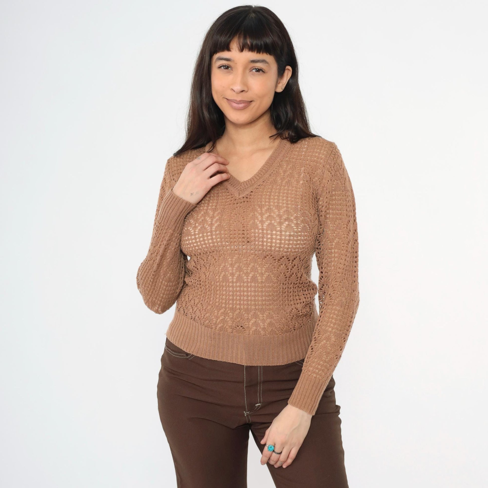 70s Empire Knitwear Sheer Brown Pointelle V-Neck Sweater Long Sleeve Extra Small