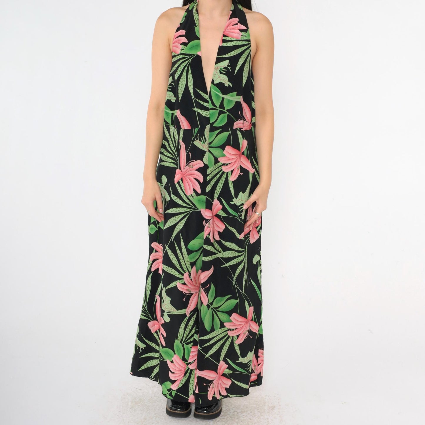 00s Ashley Stewart Floral Halter Maxi Dress Black Pink Green Plunge Neck Plus Size 20