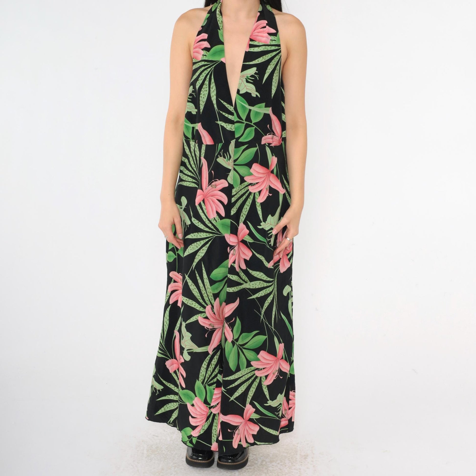 00s Ashley Stewart Floral Halter Maxi Dress Black Pink Green Plunge Neck Plus Size 20