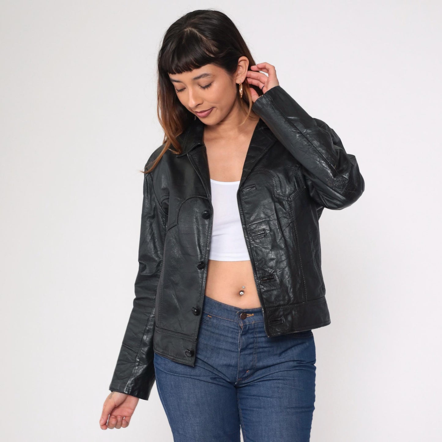 80s Black Leather Motorcycle Jacket Western Yoke Button Front Medium