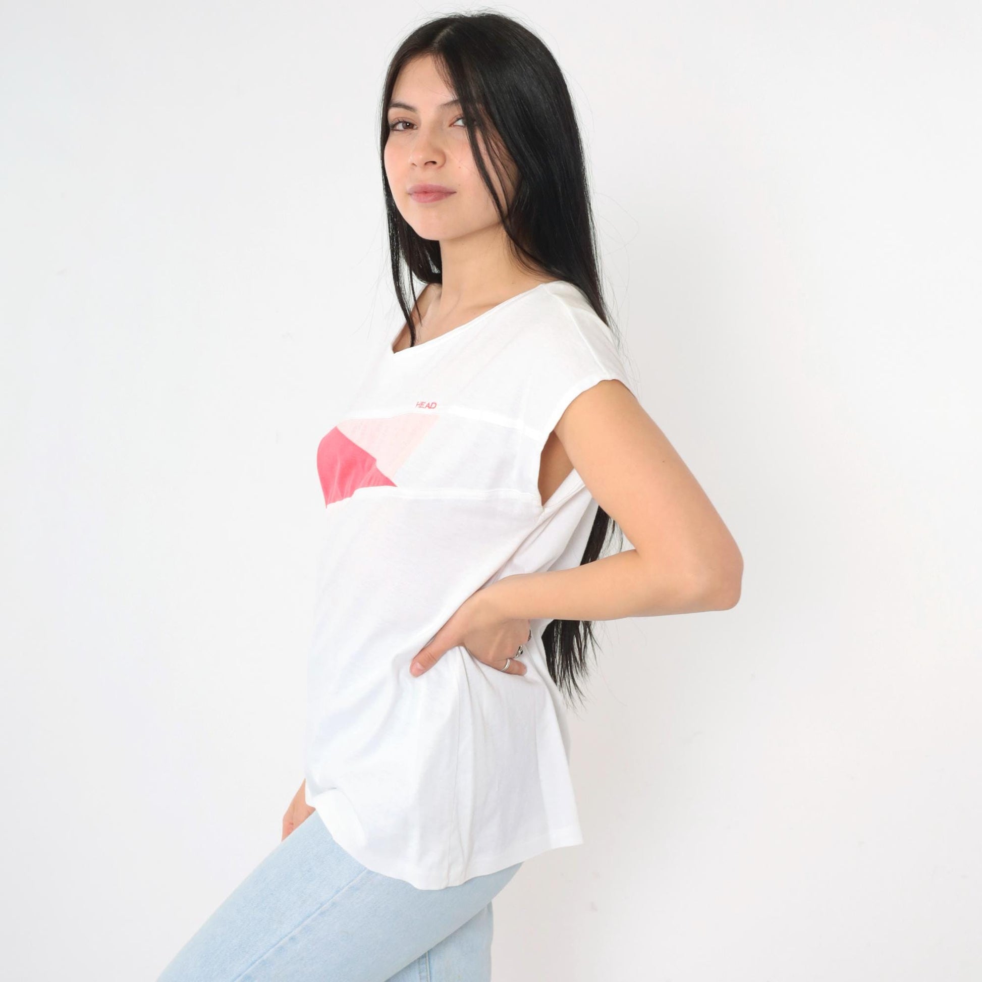 80s Head Tennis T-Shirt White Pink Colour Block V-Neck Medium M