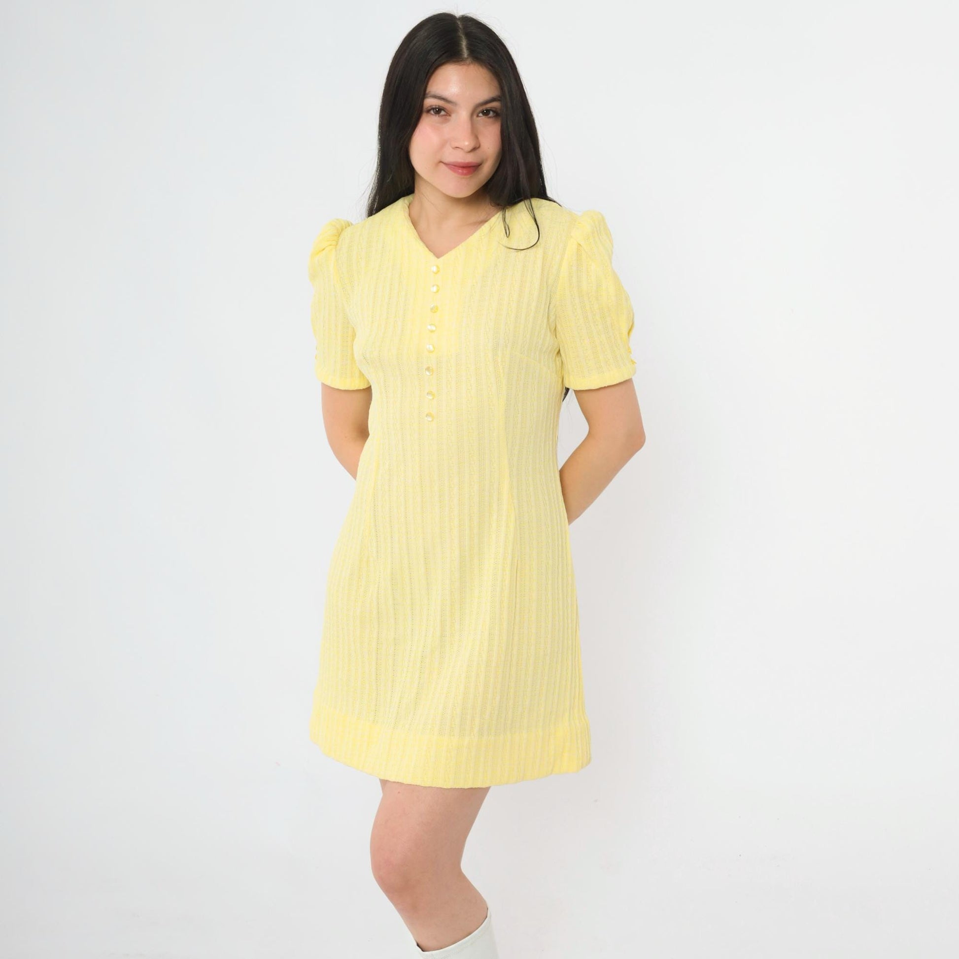 60s Yellow Ribbed Knit Mini Dress Puff Sleeve Shift Small Medium