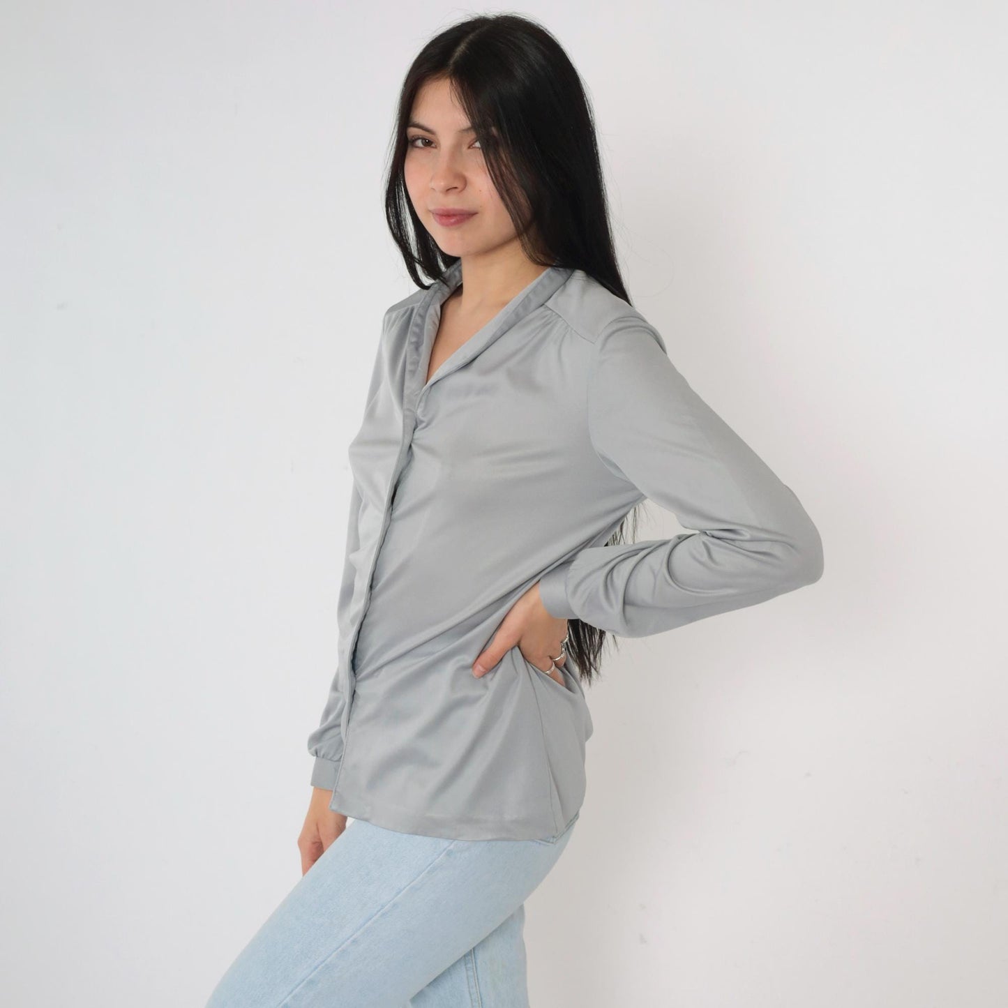 80s Grey Button-Up Blouse Long Sleeve Collared Shirt Medium M