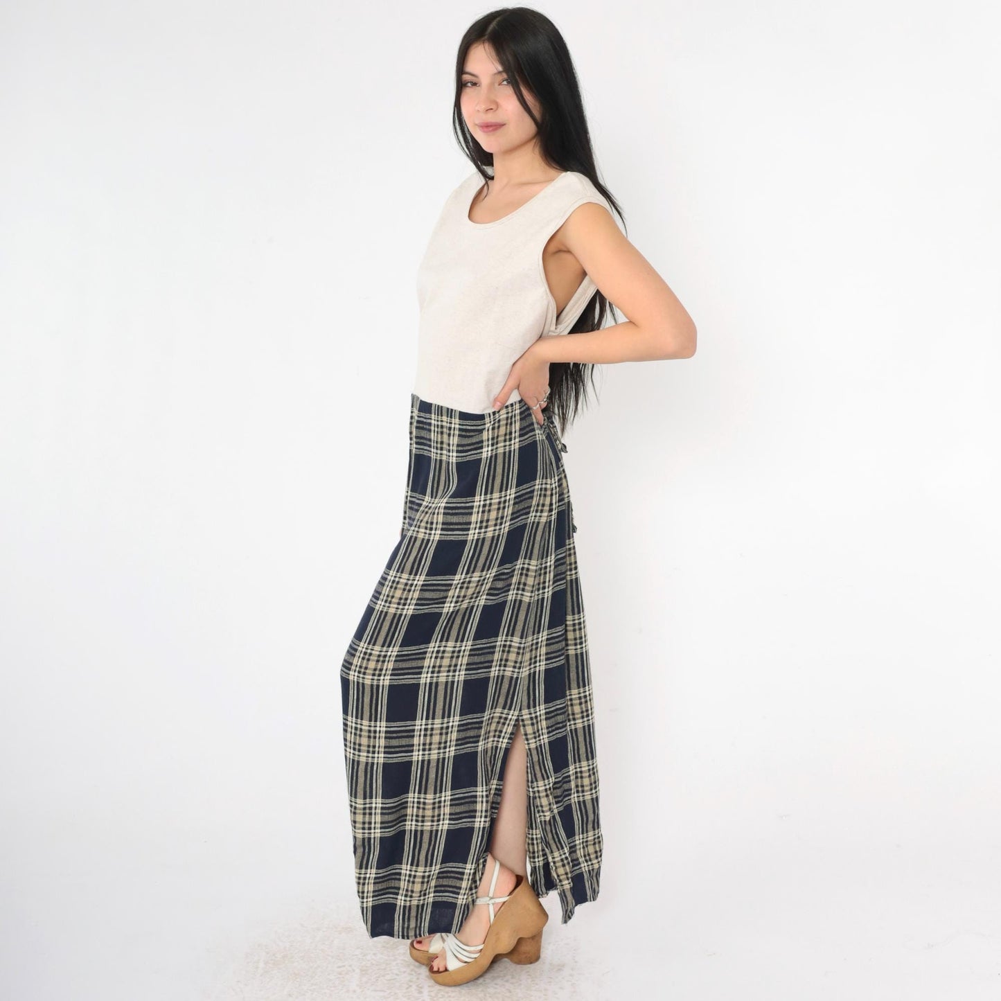 90s Jessica Howard Navy Checkered Maxi Dress Beige Bodice Drop Waist Medium Large