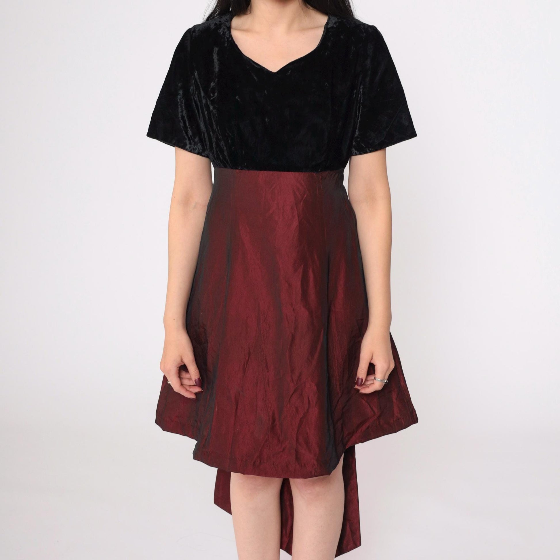 90s Black Velvet Burgundy Taffeta Mini Dress High Waist Bow Back Small S