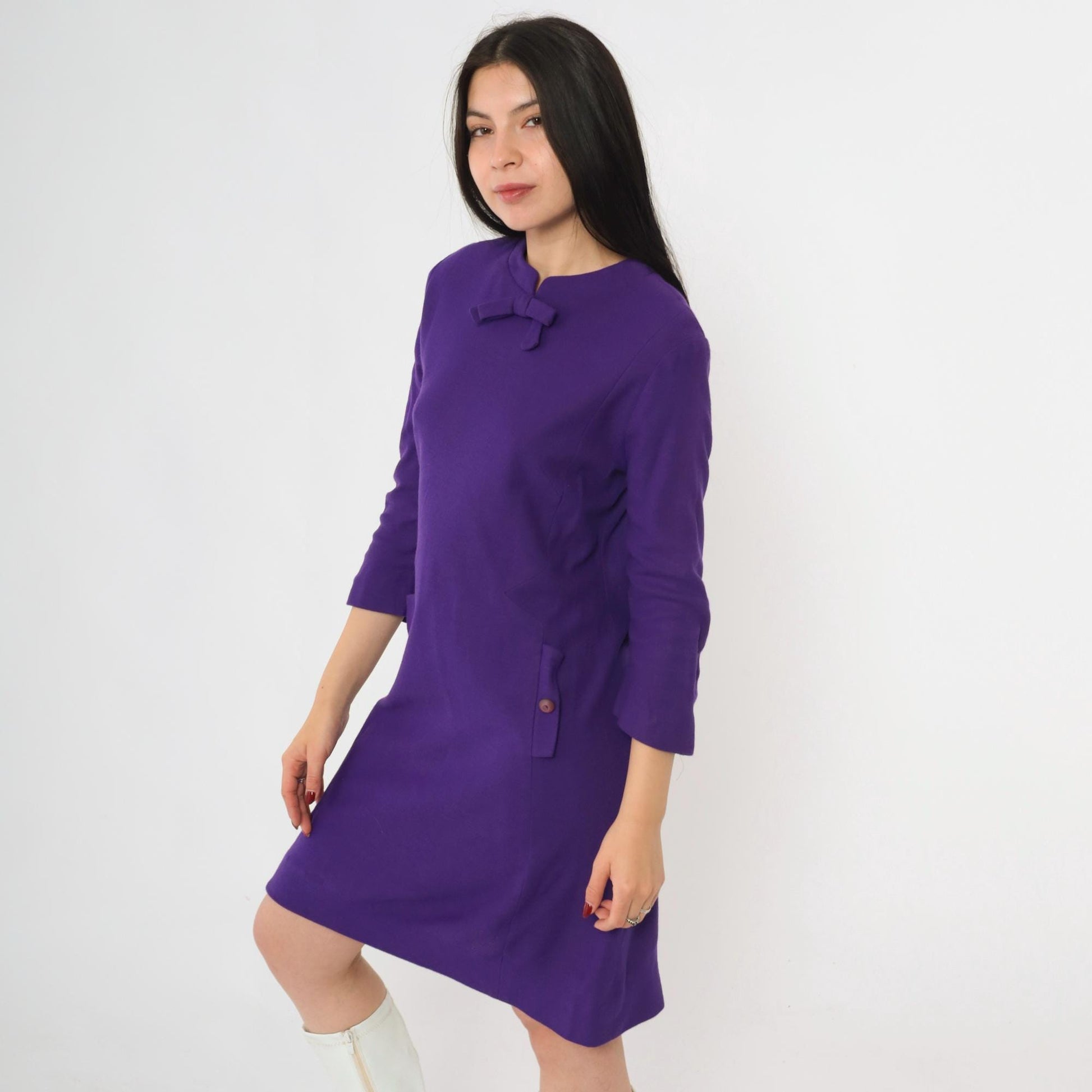 60s Purple Wool Shift Dress Bow Neck Mini 3/4 Sleeve Small