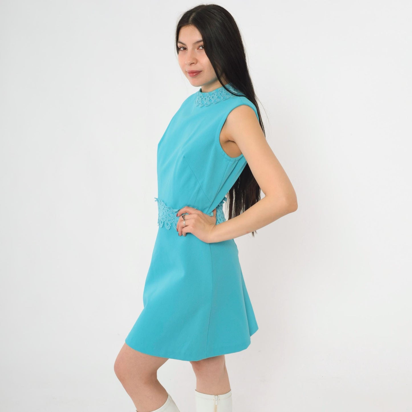 1960s Blue Lace Trim Mock Neck Shift Minidress Small S
